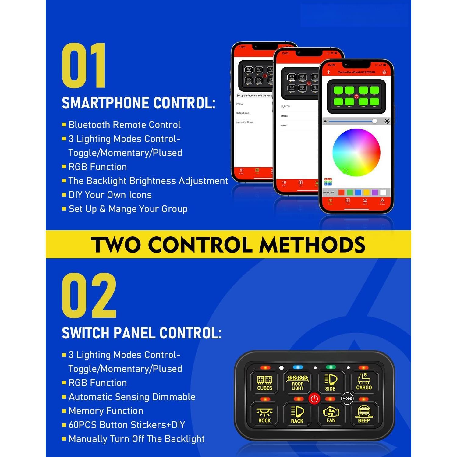 RGB 8 Gang  Panel with App Control Turn /Off Momentary Pulsed Multifunction 12V  Panel for  Circuit Control Relay System  Panel  for  Boat  RV