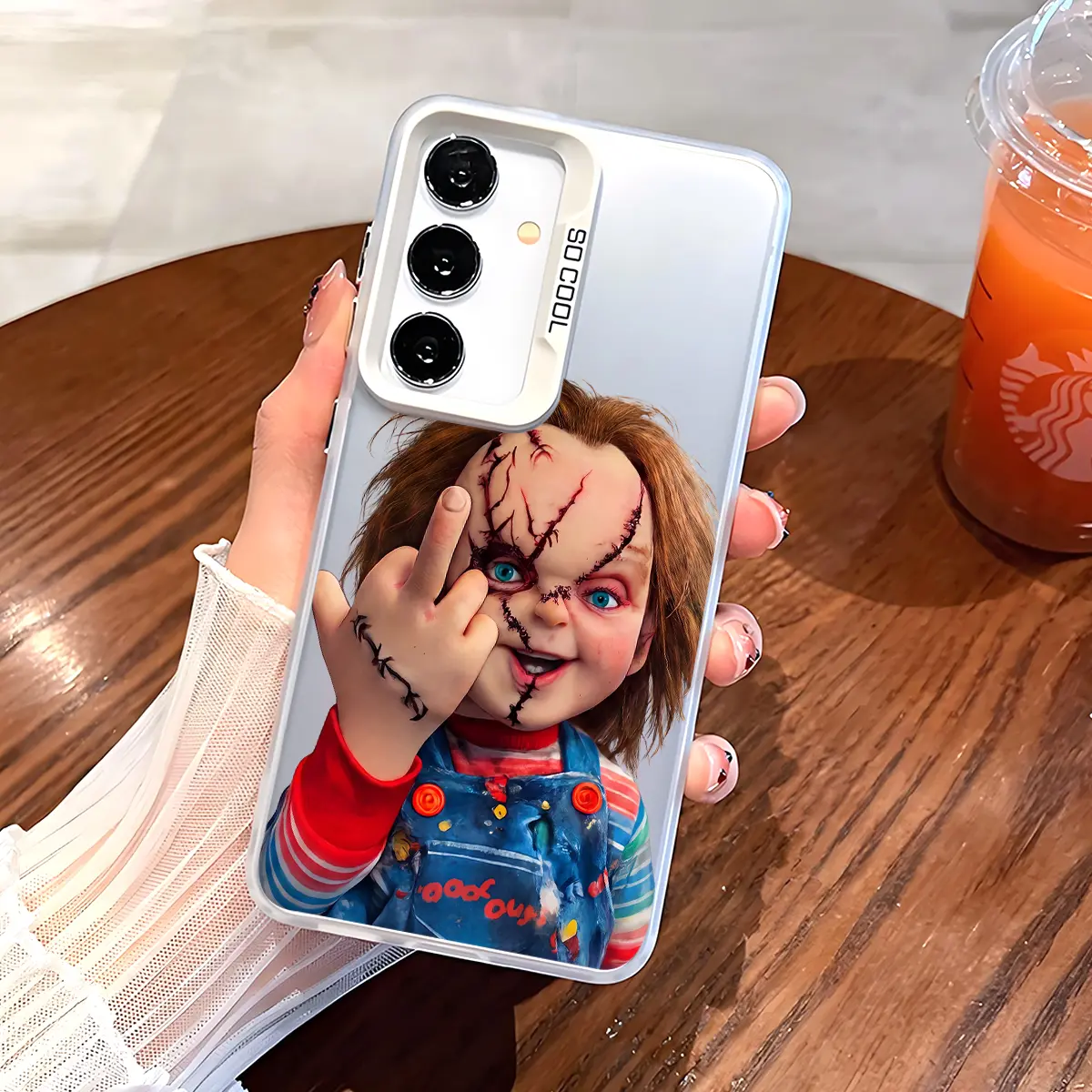 Chucky Creepy Gesture Pattern Phone Case with Hard Back & Soft Edge Drop Protection Cover for SAMSUNG S21 S22 S23 S24 S25 Plus S22Ultra S23Ultra S24Ultra S23FE S25ultra S26+ S26Ultra, Horror Movie Halloween