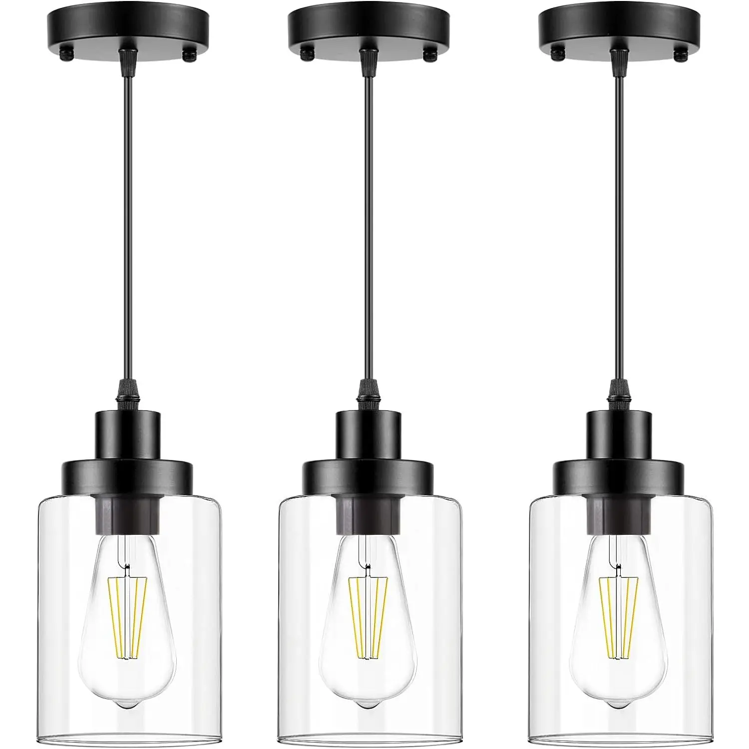 Industrial Pendant Lighting, Modern Clear Glass Shade Farmhouse Adjustable Hanging Light Fixtures for Kitchen Island Living Room Bedroom Hallway, 3-Pack