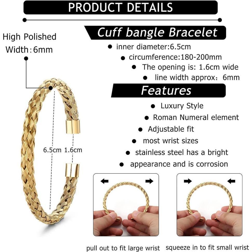 FLORIDECO 3Pcs Stainless Steel Bracelets for Men Roman Numeral Bangle Bracelet Adjustable Cuff Bracelet Twisted Cable Bracelet Mens Luxury Bracelets Jewelry Gifts Gold/Silver/Black Jewelry Trendy Jewellery Accessories Trendy Fashionable Accessories