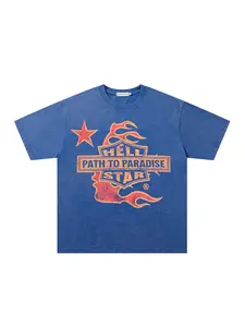 Men's Summer Fashion T-Shirt, Vintage Washed Tie-Dye Star Letter Flame Print, Casual Short Sleeve Top, Trendy Streetwear