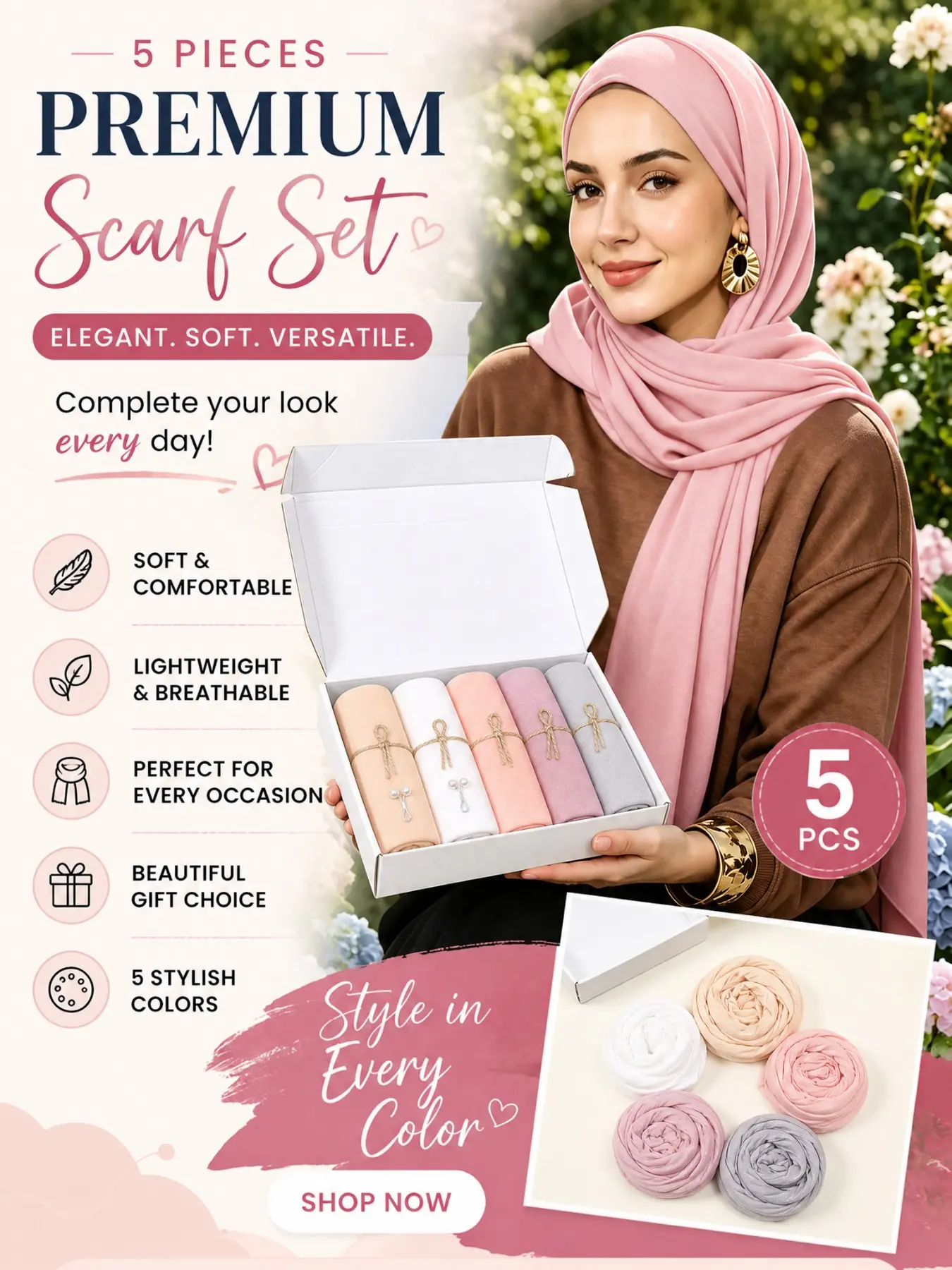 5pcs Women's Muslim Headscarf Gift Set, 5 Long Scarves + Pins, Jersey Hijab, 165x55cm, Casual All-Season Fashion Accessory