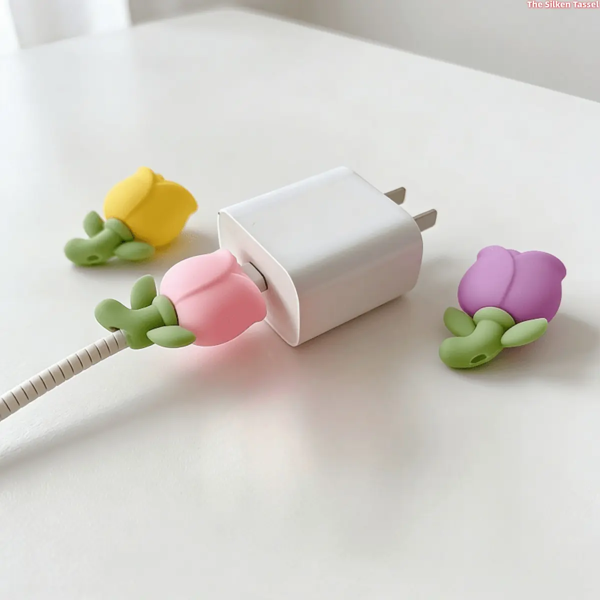 3 Piece Cute Silicone Tulip Flower Cable Protectors, Tangle-Free Cord Organizer with Portable Design for Travel Bags, Laptops & Phones, 3 Pieces (Three-Color Mix And Match)