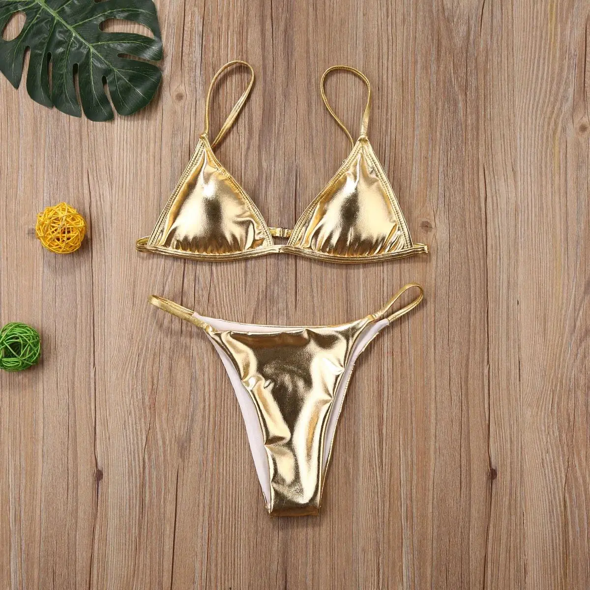 Women's 2-Piece Gold Shiny Bikini Set - Padded Cups Triangle Bra, Low Waist Swim Bottoms, Swimming Swimsuit for Women, Summer Beachwear, Shiny Lady Bathing Suit, No, Glitter Bikini Swimsuit, Shiny Bikini Swimwear
