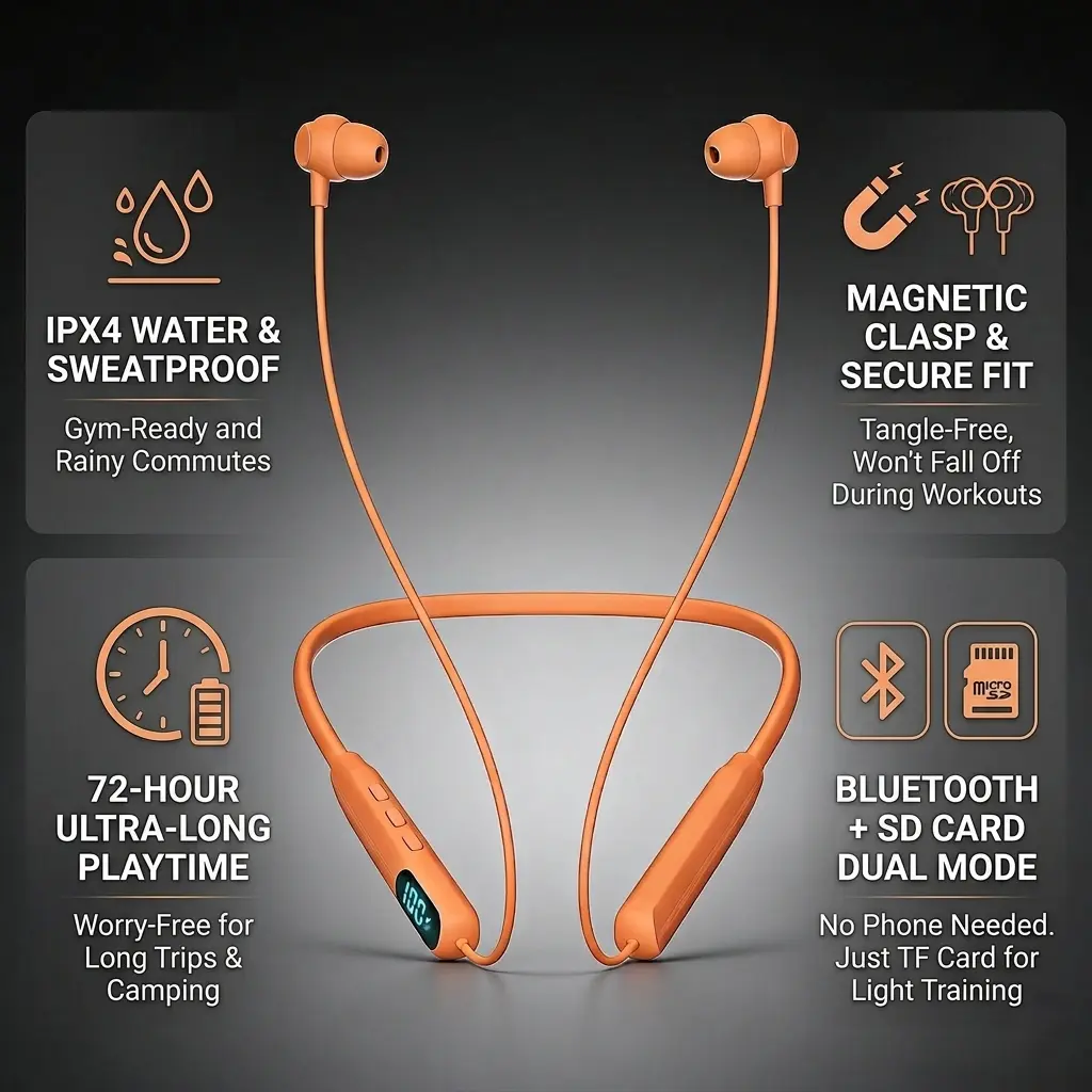 Wireless Neckband Earbuds - 38ms Low Latency Gaming Audio Headset with 72H Playtime, LED Digital Battery Display, IPX4 Waterproof, Magnetic Clasp, SD Card MP3 Player, Secure Grip, Easy-Press Buttons for Sports Use Smart Voice Assistant ENC,Noise, Recordin