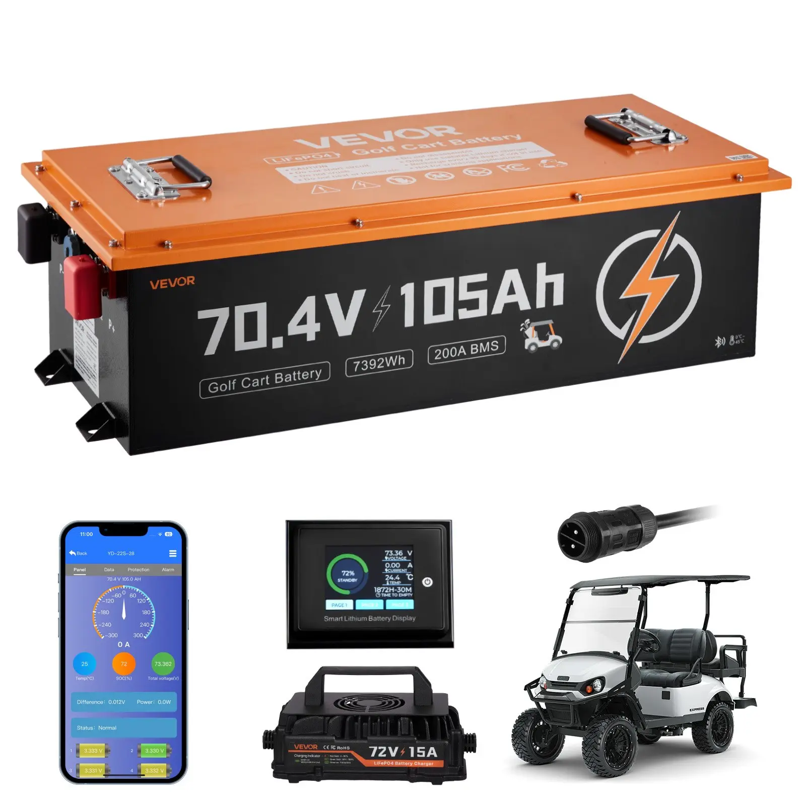 VEVOR 72V (70.4V) 105AH Lithium LiFePO4 Golf Cart Battery Kit, with 15A Charger, Built-in 200A BMS, Bluetooth Touch Monitor, 2C Discharge, 4000 Cycles High Cycle Life, for Golf Carts, Trolling Motors, 72V 105Ah, Bluetooth Monitor