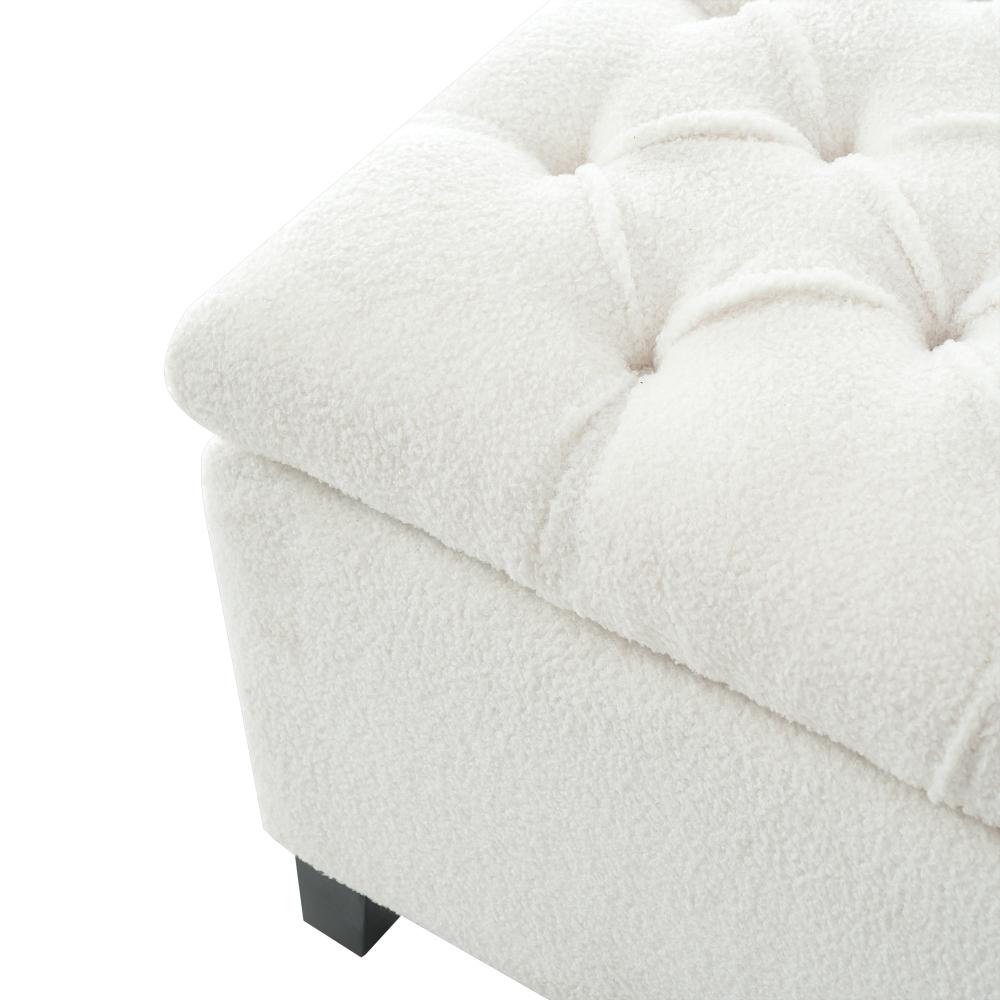 Ottoman Bench with Storage, White Boucle Surface, Rubber Wood Legs, 300 lbs Capacity