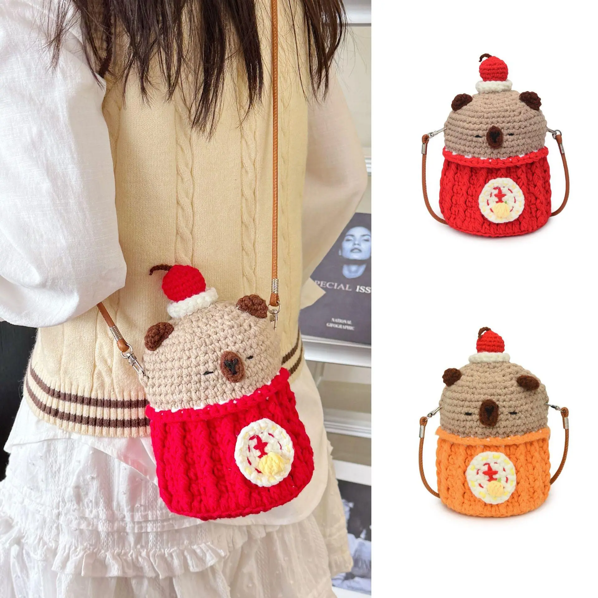 Women's Handmade Kawaii Crochet Bear Mini Crossbody Purse, Casual Synthetic Yarn Phone Pouch with Crossbody Strap for Teens, Women/Teens