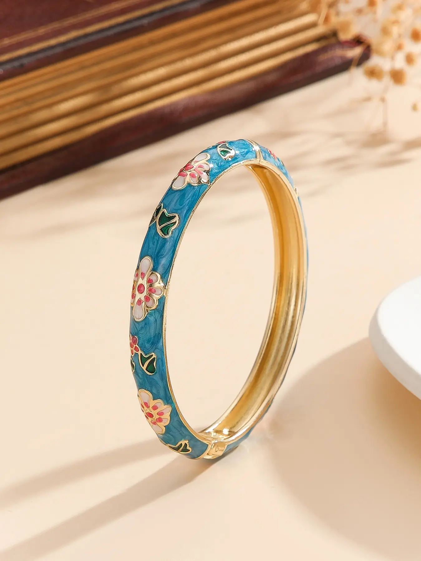 Vintage Cloisonne Enamel Cherry Blossom Bangle Bracelet for Women, Gold Plated Sakura Floral Leaf Hinged Cuff Bracelet, Cute Sweet Aesthetic Ethnic Jewelry Gift for Anniversary Birthday Party