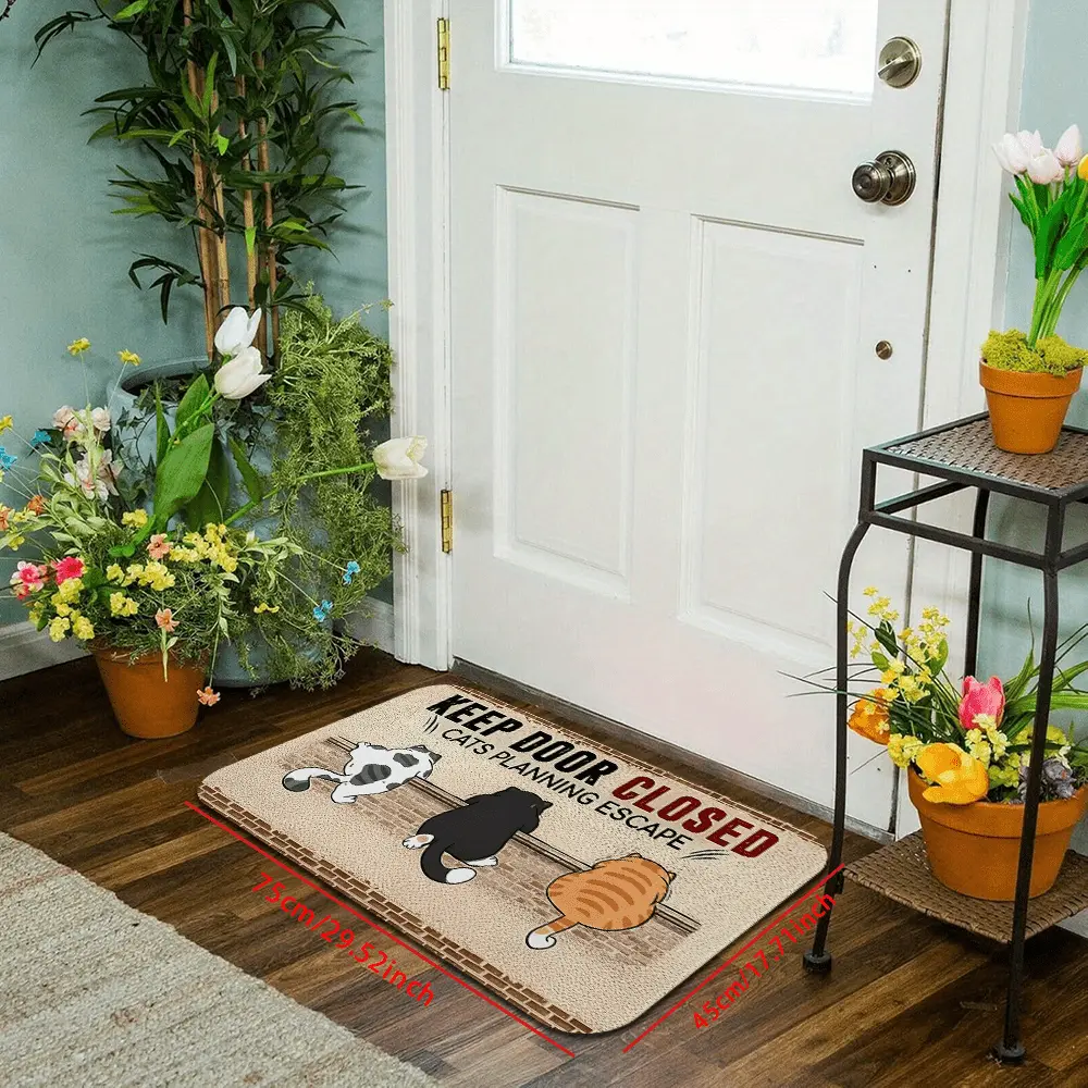 1pc Casual Animal Joke Cat Warning Door Mat - Colorful Flower-Decorated, Non-Slip, Machine Washable, Cats Plan Escape Reminder, 11.81*31.49 in/15.74*23.62 in Sizes, Farmhouse Home Entryway Rug, Animals, 11.81*31.49 In（1 Count）