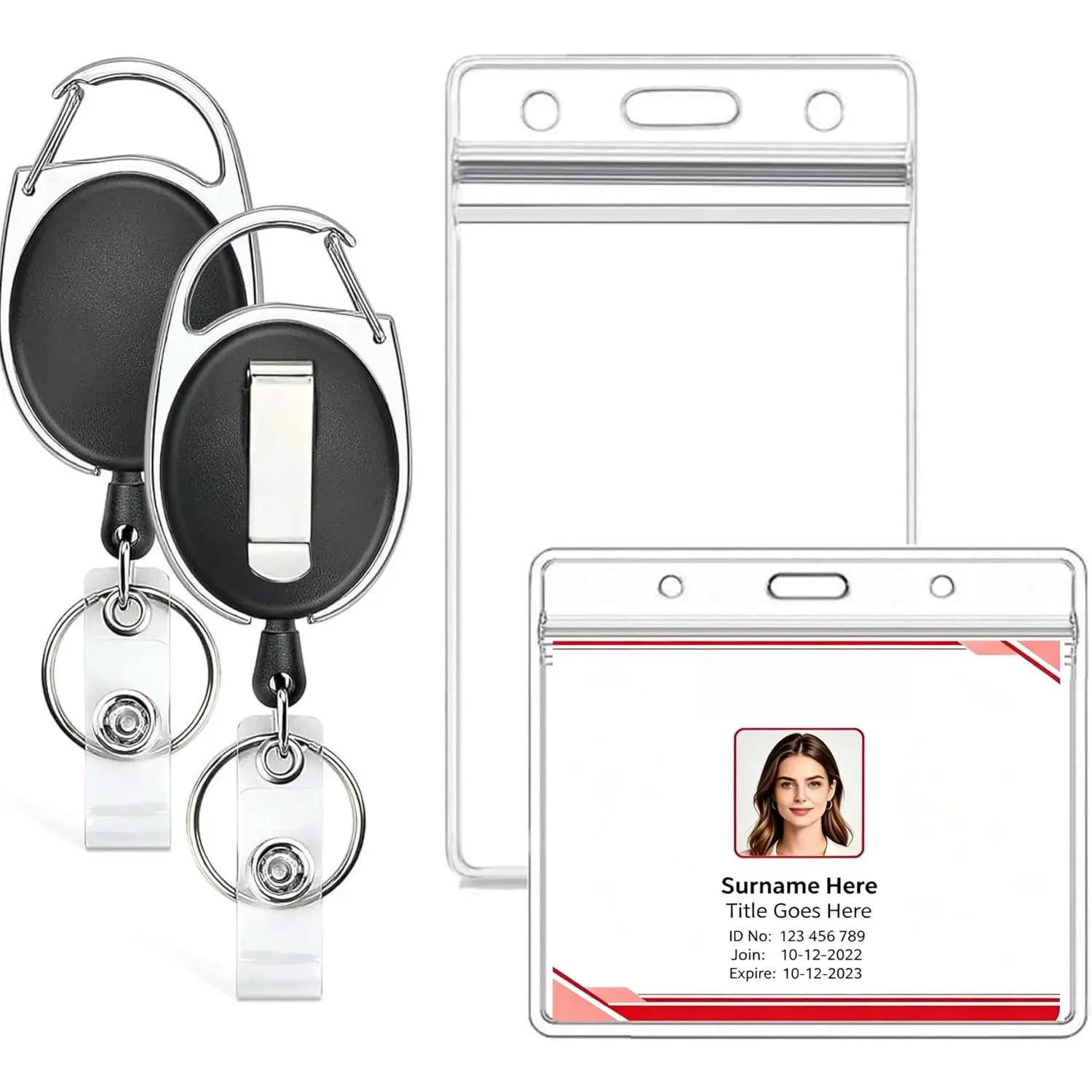 Black Badge Reels Set Pack, 2-Pack PVC Badge Holders with 24 in Heavy-Duty Cords, 1 Horizontal & 1 Vertical Card Sleeves (Holds 3 ID Cards Each), Carabiner & Keyring