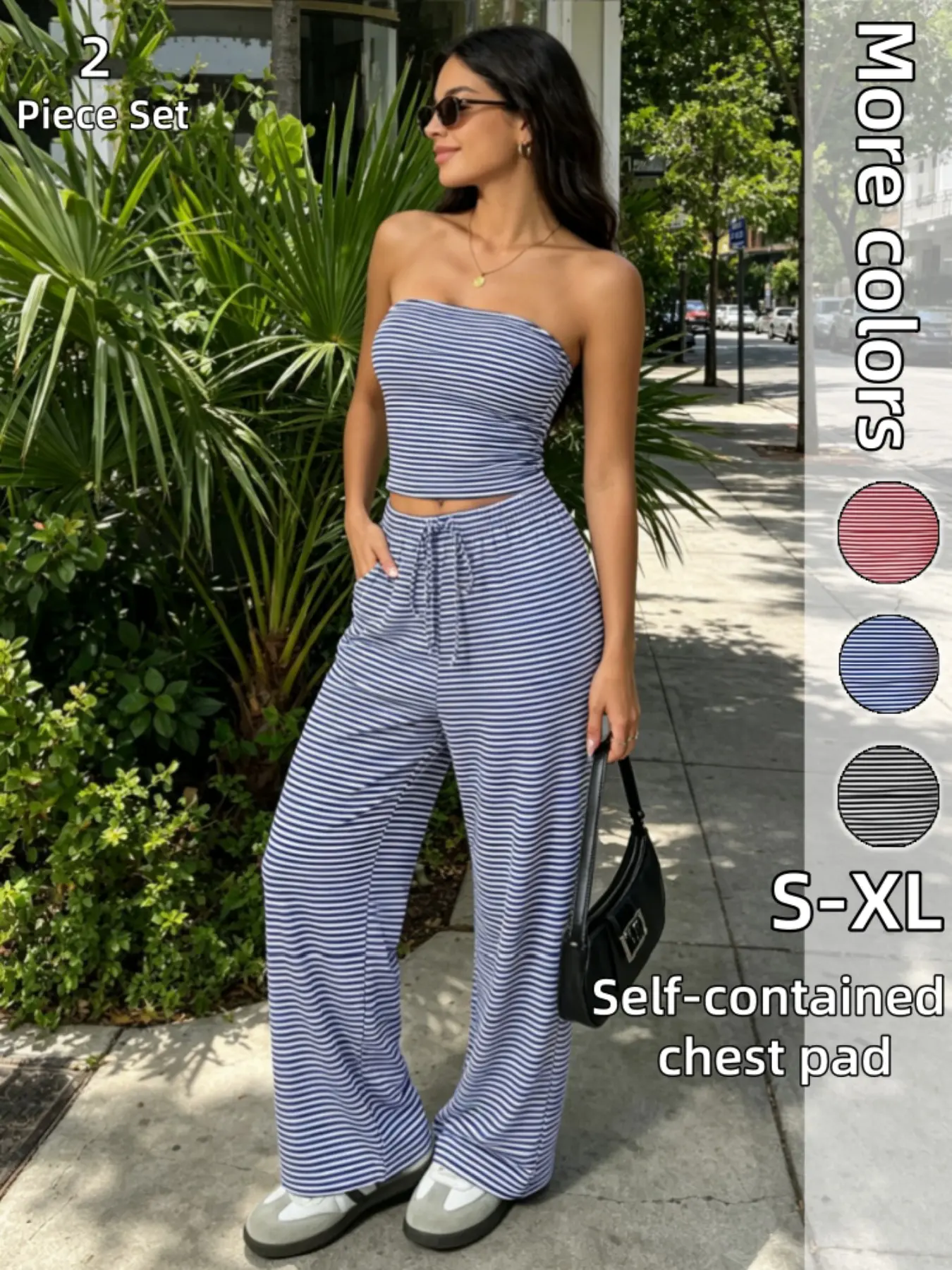 Wearable Striped Strapless Tube Top Two Piece Set Wide Leg Pants Summer Vibes Streetwear Pajama Set Loungewear Womens Fashion Off Shoulder Top Vacation Outfits Activewear Set Deals For You Days