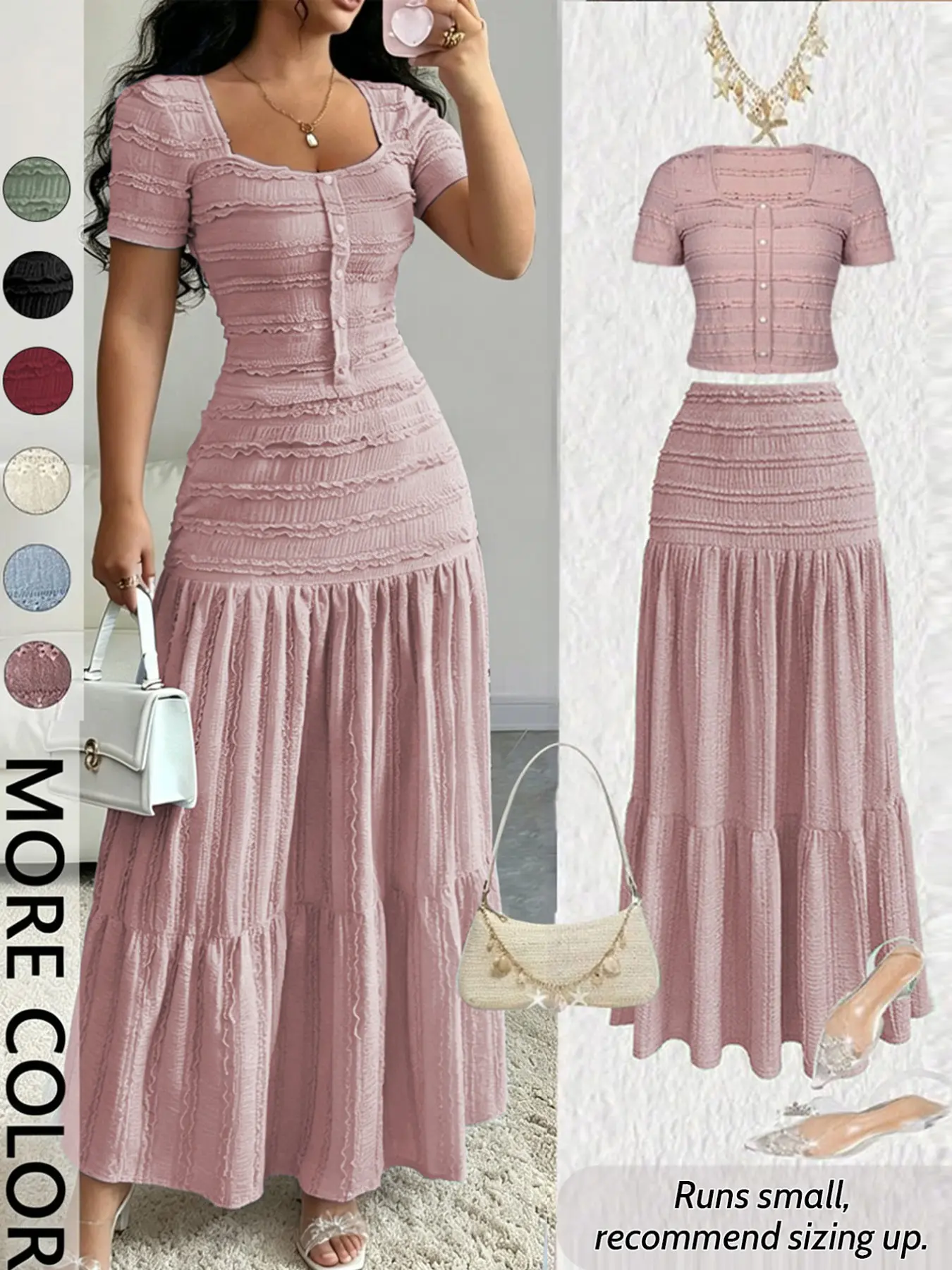 Women's Casual Elegant Chic Short-Sleeve Square-Neck T-Shirt and Half Skirt Set, Cute Spring and Fall Outfit