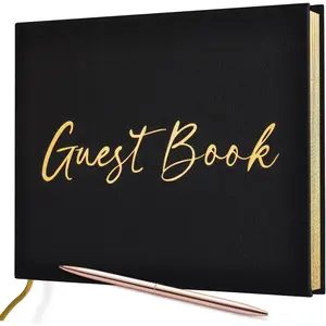 Black Guest Sign in Book with Pen for Graduation Party, Reception, Wedding, Baby Shower, Birthday, Funeral, 100 Pages with Gilded Edges and Gold Foiled Cover, 7×10″