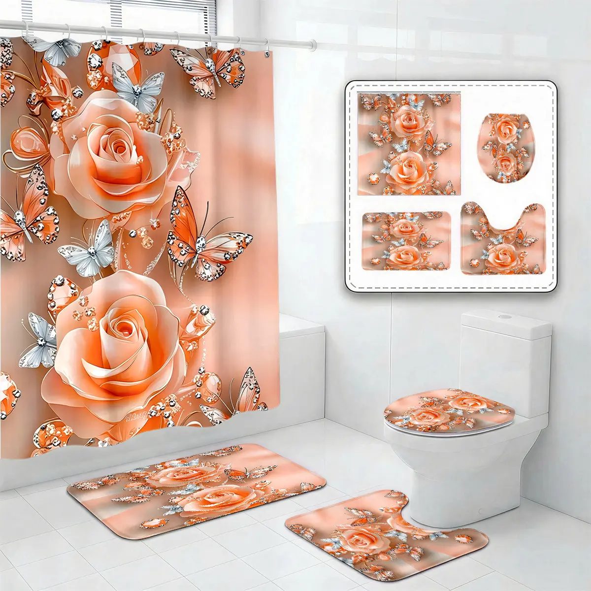 Peach Rose Butterfly Shower Curtain Set – Elegant Diamond Floral Winged Bathroom Decor for Mother's Day, Wedding Anniversary & Romantic Spring Garden Celebration Vibes