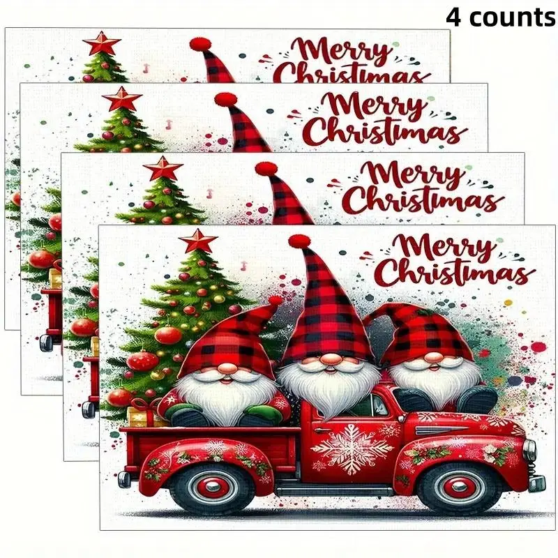 Merry Christmas Themed Placemat, 4 Counts/set Santa Claus Pattern Table Mat, Washable Table Placemat for Home Kitchen Dining Room
