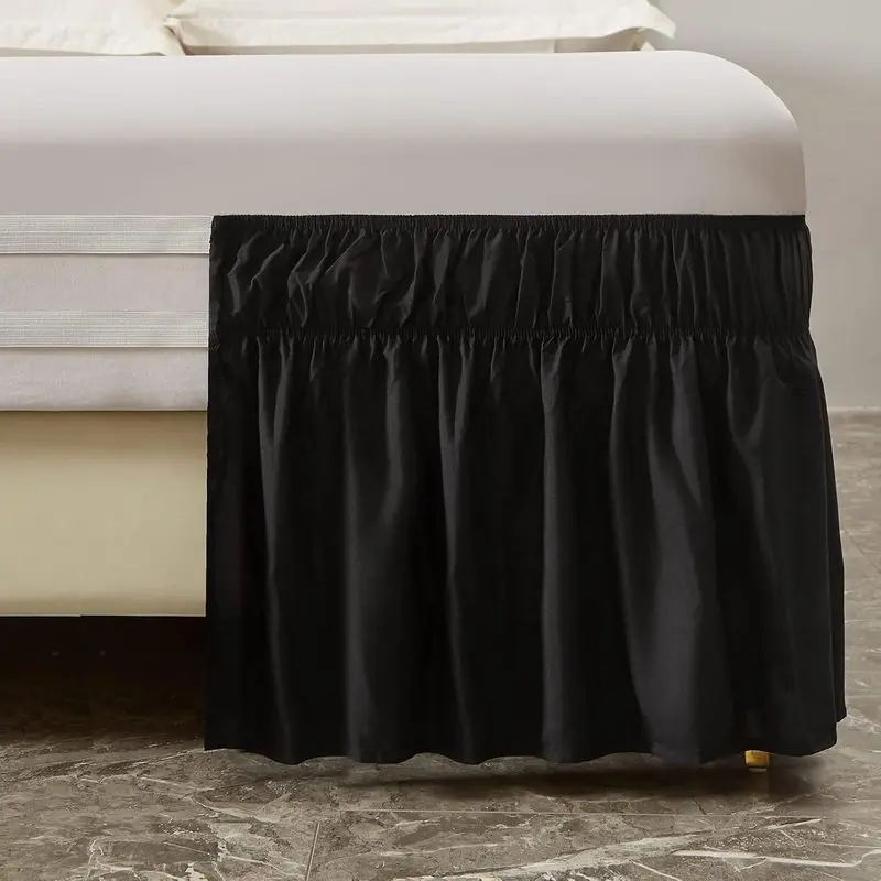 Wrap Around Elastic Bed Skirt for Queen & King Beds, 16" Drop, Black | -Side Elastic Dust Ruffle, Ruffled, Easy to Install, Fade Resistant & Machine Washable