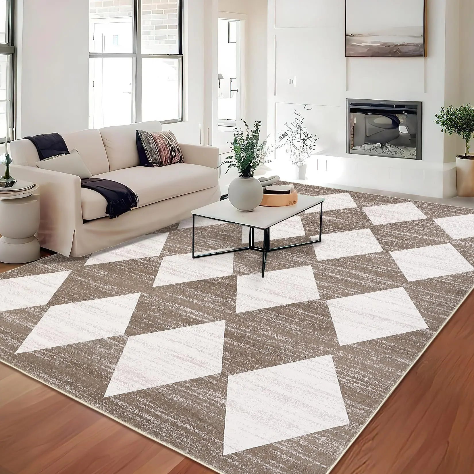 GARVEELarge Modern Area Rugs 9x12 Washable Geometric Living Room Rug with Non-Slip Backing, Soft Low Pile Floor Cover, Stain-Resistant Contemporary Accent Carpet for Dining Room, Bedroom, Brown