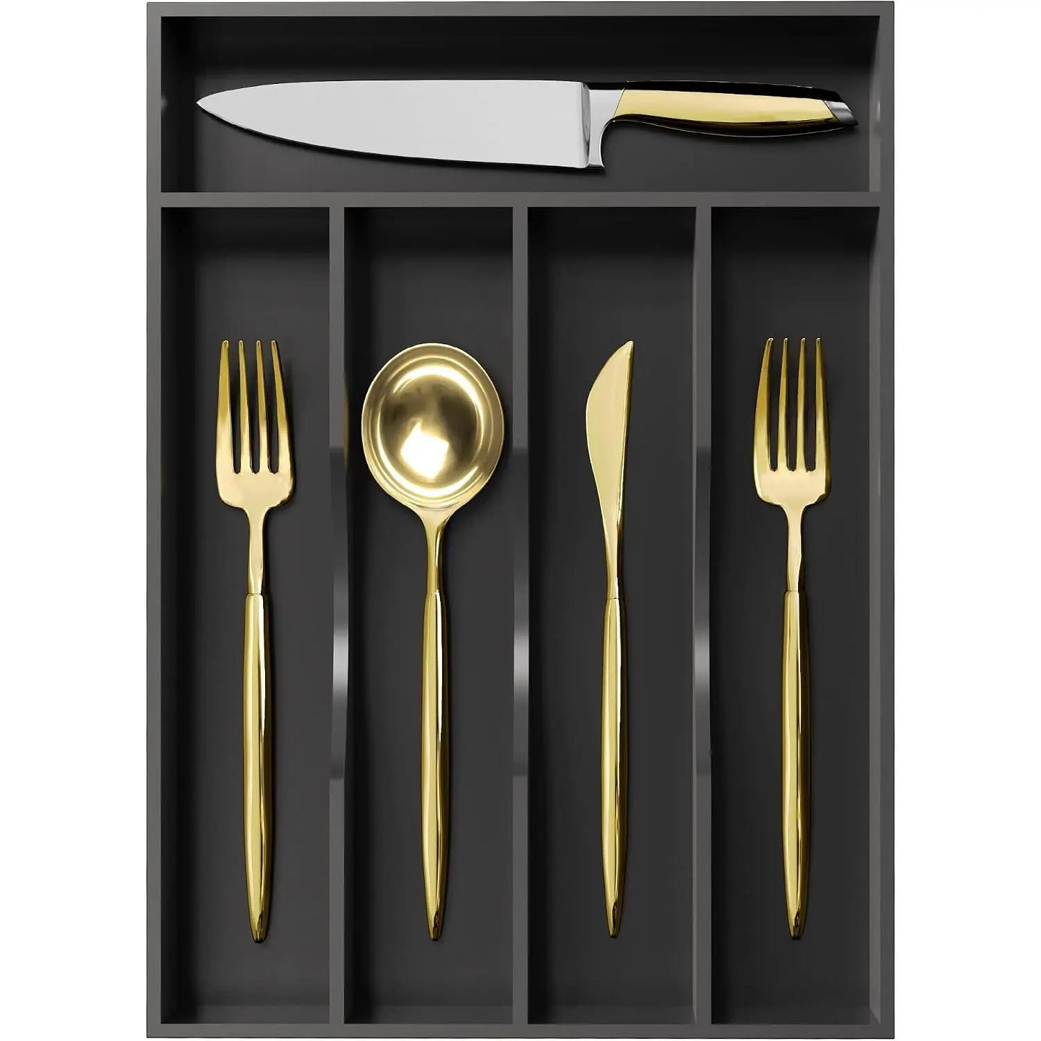 Silverware Organizer for Kitchen Drawer - 10-Inch Bamboo Wood Cutlery Tray, Black