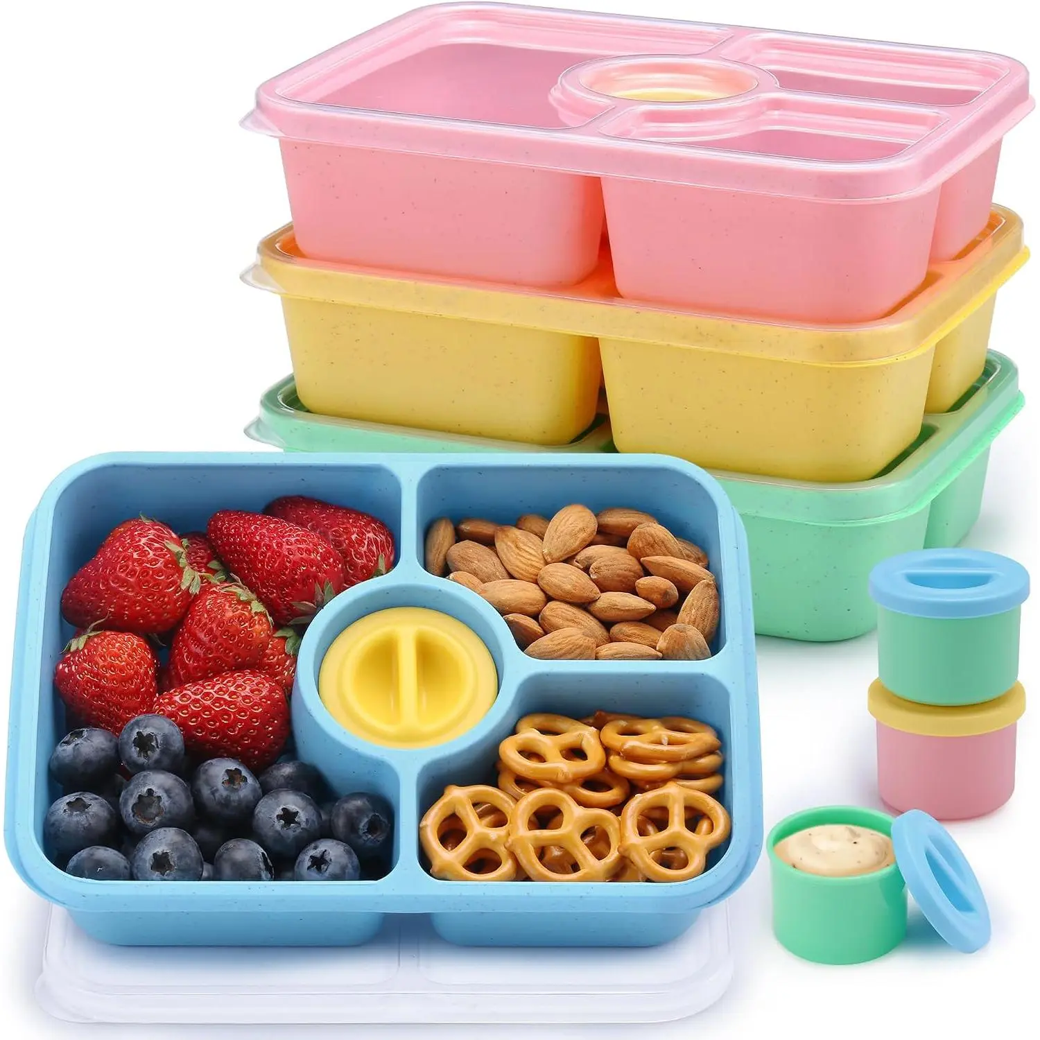 Bento Snack Box Containers, Meal Prep Container  for , Stackable Bento Box Adult 4 Pack, Divided  Storage Containers with Clear , Sauce Container, Light Colors