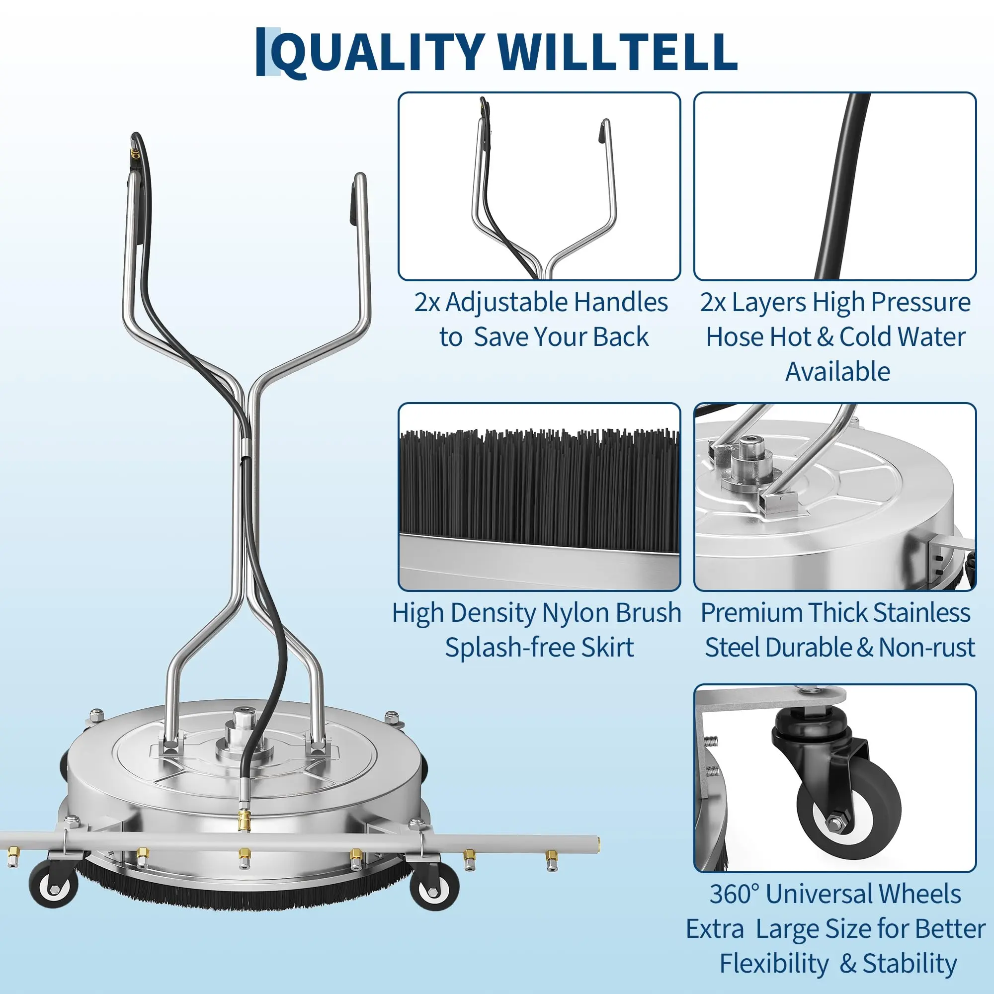 Garvee 24" Pressure Washer Surface Cleaner Attachment - Stainless Steel Dual Handles, 7-Nozzle Water Broom, Up to 4900 PSI, Regular Wheels, for Concrete Surfaces, Deck Cleaners, Patio
