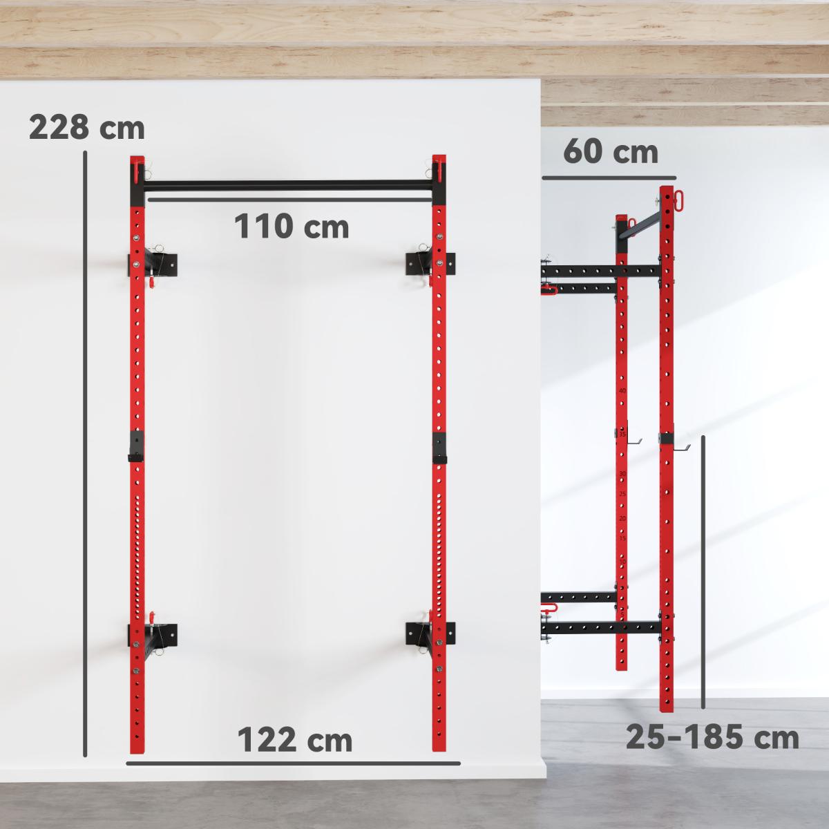 [Fahuac] Soozier Folding Squat Rack with Pull Up Bar, Wall Mounted 1000 lbs Capacity Power Rack, 17-Level Adjustable Barbell Rack, Space Saving for Home Gym Garage, Red