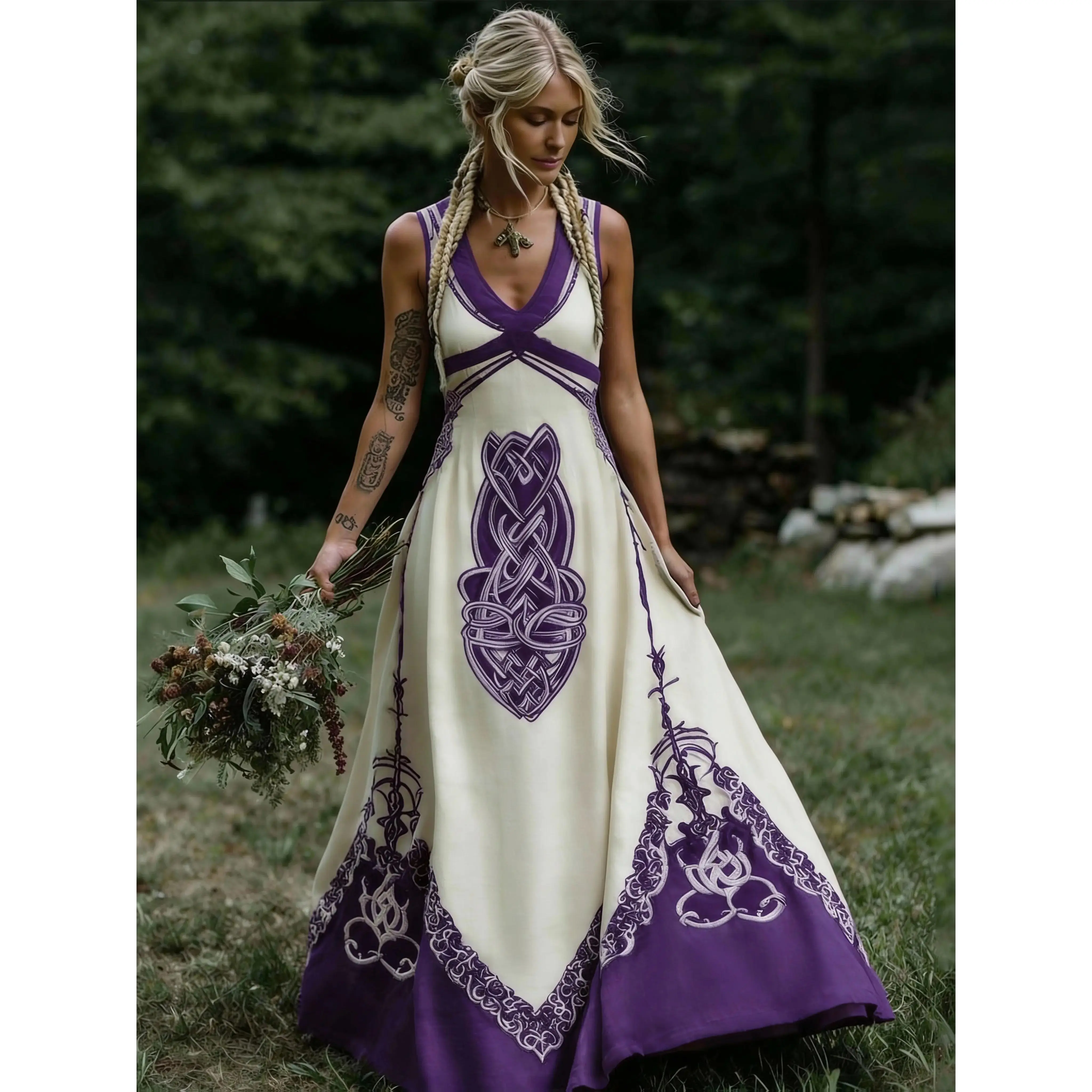 Polyester Knit Peplum Sleeveless Dress, Retro Artistic Design with Contrasting Color Celtic Knot Pattern Print (Sports & Outdoor Style Accessory Complement)