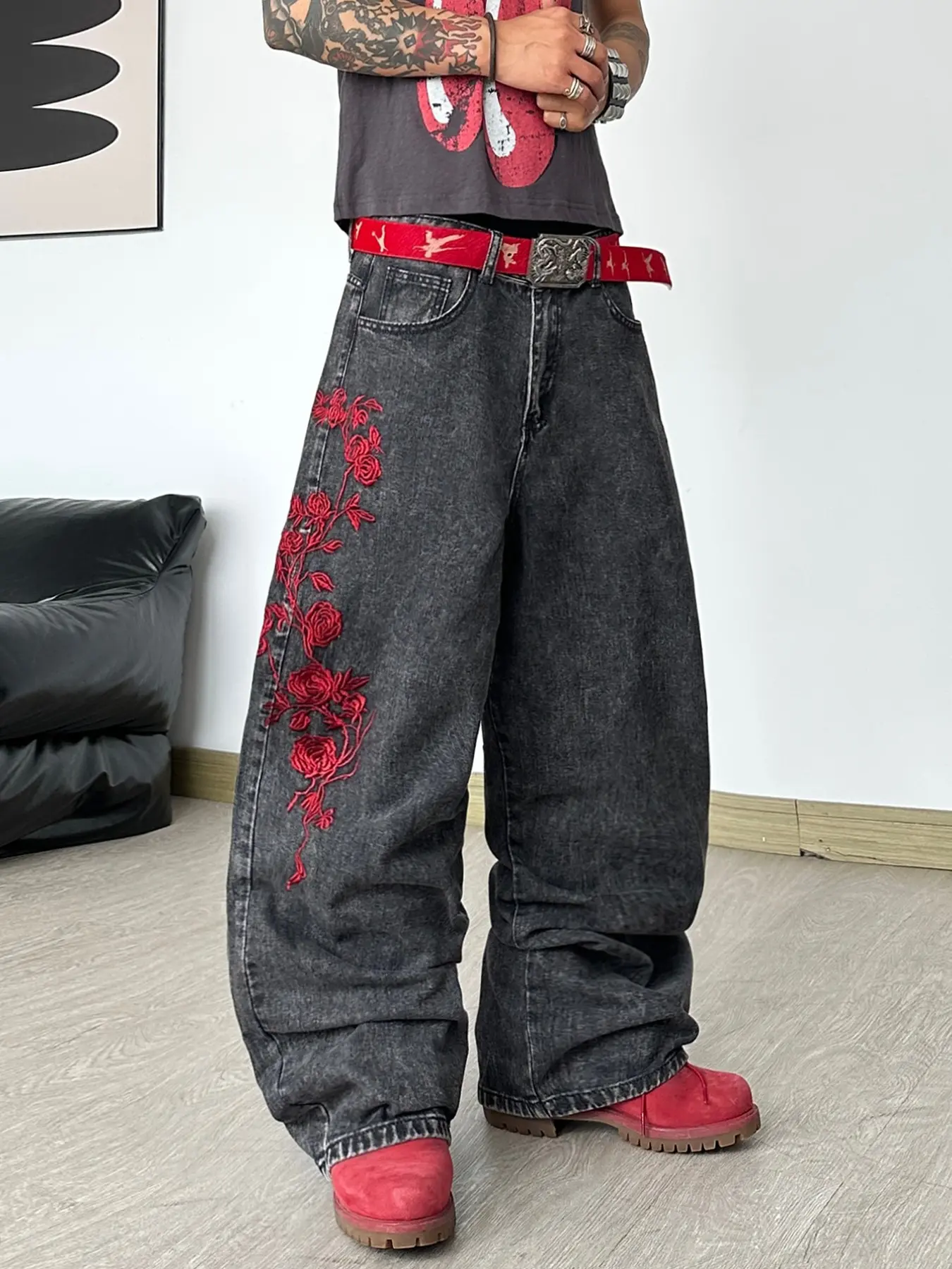 Men's Jeans, Casual Jeans, Heavy Embroidered Rose Straight Leg Pants, Y2K Streetwear, Loose Fit, All Seasons, Multiple Colors Available