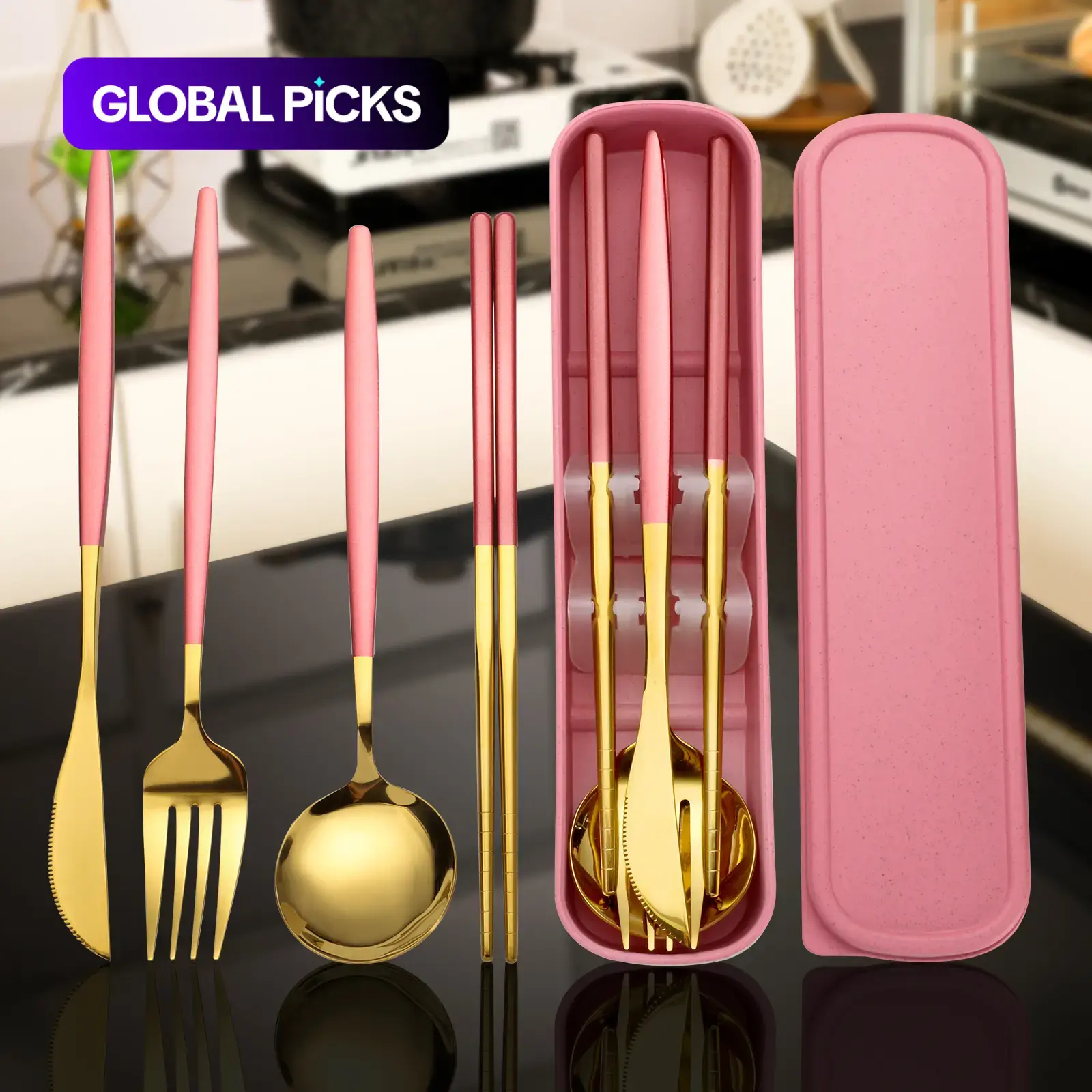4-Piece Gold PVD Titanium 410 Stainless Steel Cutlery Set with Storage Box, Tableware Sets, Portable Reusable BPA-Free Utensils for Office, School, Camping and Travel, Unbreakable Household Kitchen Tableware for Daily Use