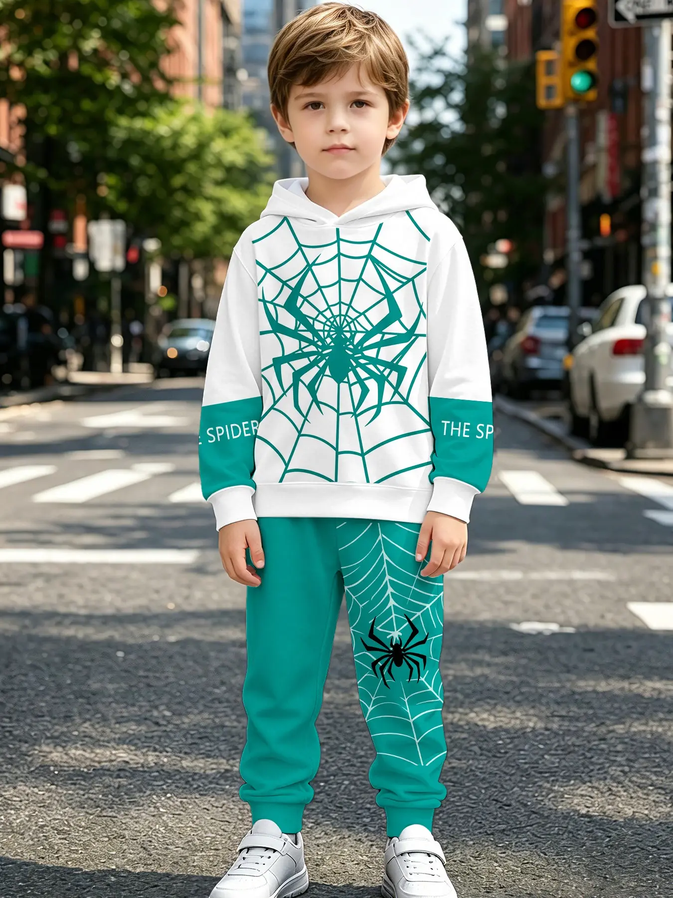 Unisex Spider Hoodie Set, Block, Kids Casual Long Sleeve Sweatpants, All over Print, Natural Waist, Loose Fit
