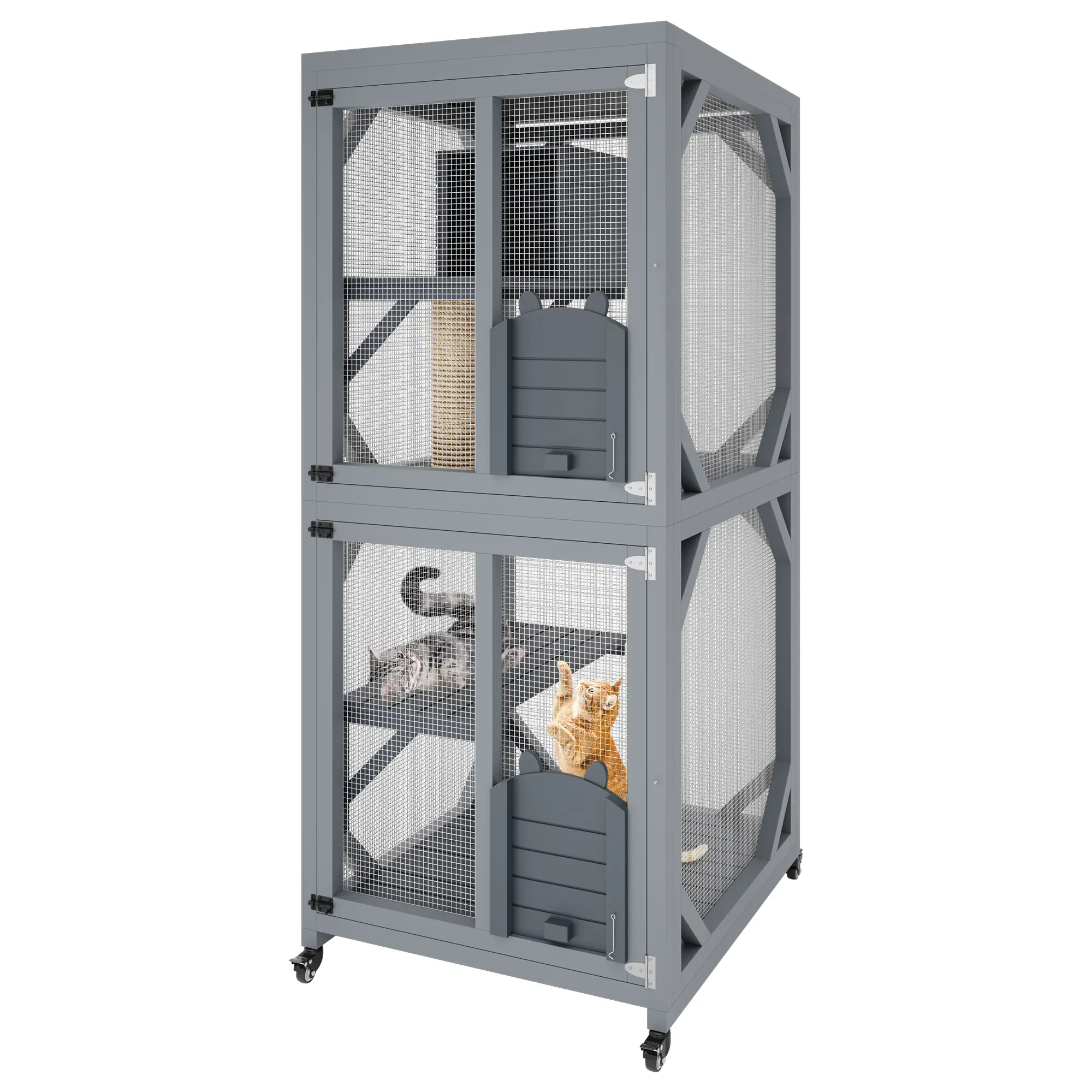 Large 4-Tier Outdoor Cat Enclosure with Wheels – Weatherproof Catio Cage with Resting Box, Platforms, Mark Post, Window Access – Portable Cat House for Garden, Patio, Balcony, or Indoors