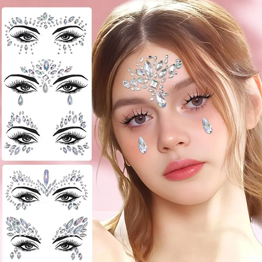 5pcs Iridescent Teardrop Forehead Rhinestone Stickers, Mermaid Makeup Eye Gems for Music Festival, Aesthetic Makeup Stickers for Halloween Party Selfies