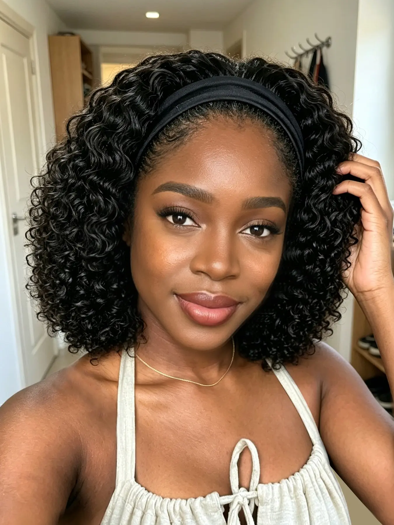 Black Headband Deep Wave Wig for women None Lace Front Wig Machine Made Wigs Gorgeous Fluffy Wigs for Women, Natural Looking Synthetic Wigs for Party, Daily Use