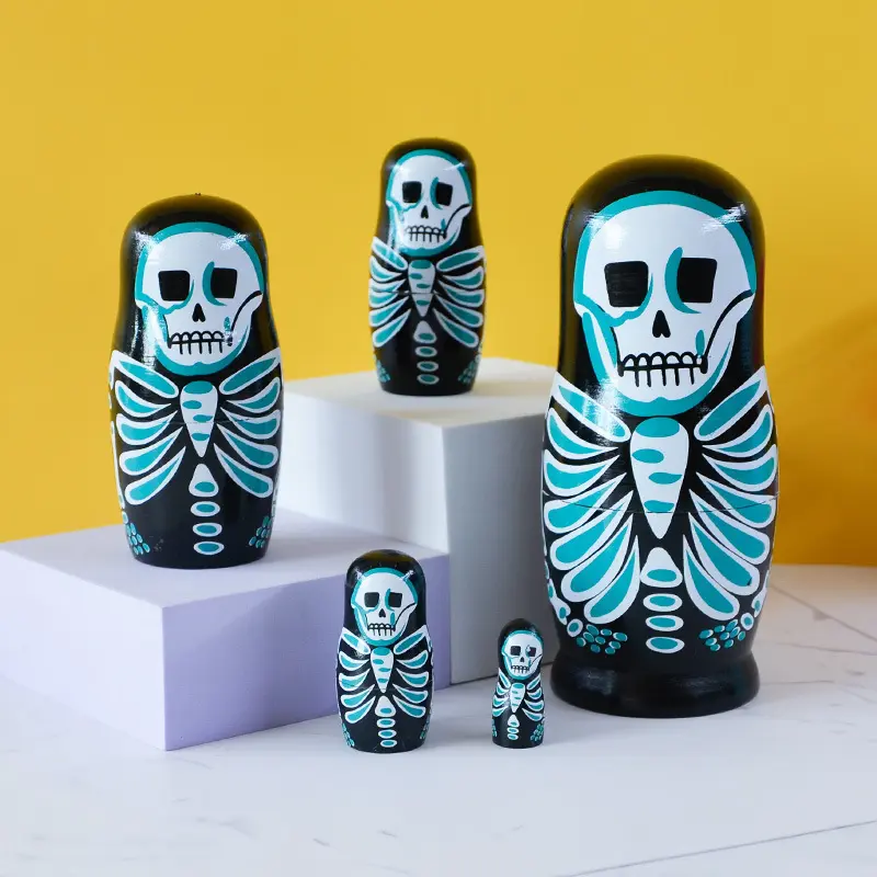 Painted Wooden Skull Series Russian Nesting Dolls - Novel Easter Gifts with Festive Elements, House Decoration, 3-4 Years Old Children's Day Toy Craft