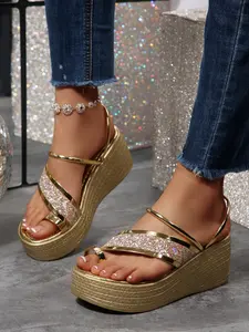 Women's Rhinestone Toe Casual Wedge Sandals, Braided Thick Sole Heeled Metal Strap Two-Way Wear, Comfortable Platform Slippers