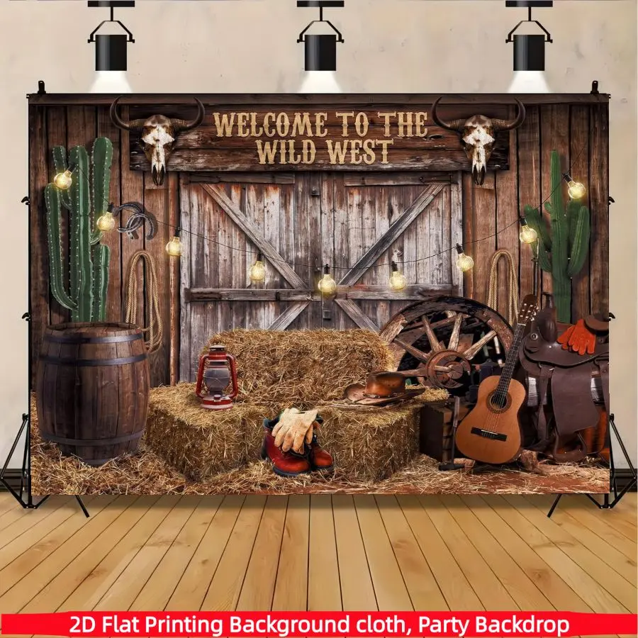 Vintage barn western country cowboy themed background banner, Decorative banner, Decoration Banners, made of polyester, suitable for birthdays, anniversaries, home decor, outdoor and indoor parties, photography background fabric, party decoration supplies
