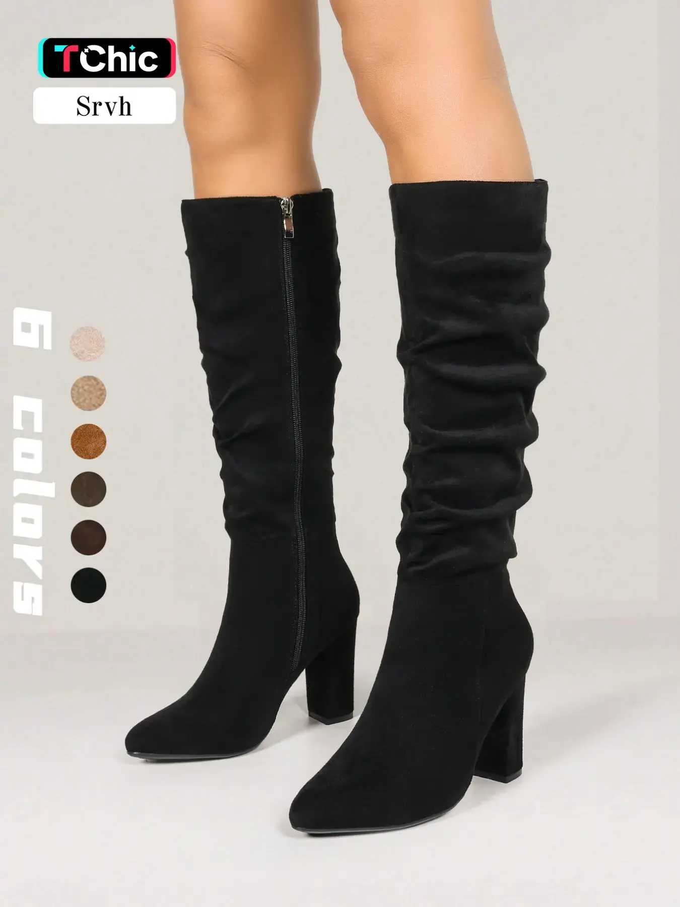Women's Slouchy Knee High Block Heel Boots, Faux Suede Soft Pointed Toe Tall Boots with Side Zipper, Retro Effortless Chic Style, Comfortable Fall Winter Footwear, Versatile Staple for Work, Dates, Parties & Daily Wear, Trendy Boots