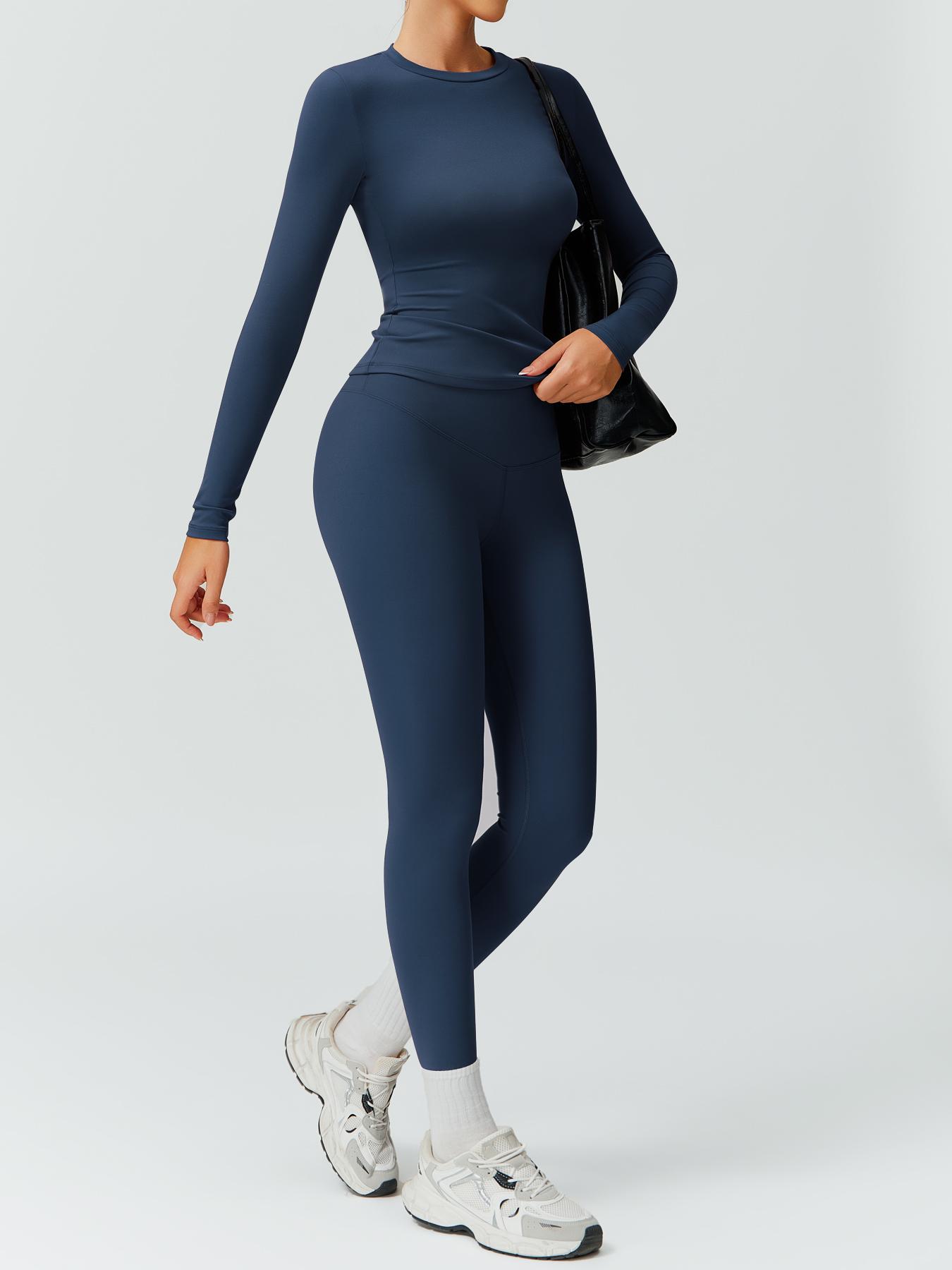 Women's Solid Color Long Sleeve Tee & High Waist Leggings Workout Set, Sporty Comfy Breathable Outfits for Gym Running, Workout Running Clothes, Ladies Fall & Winter Sportswear