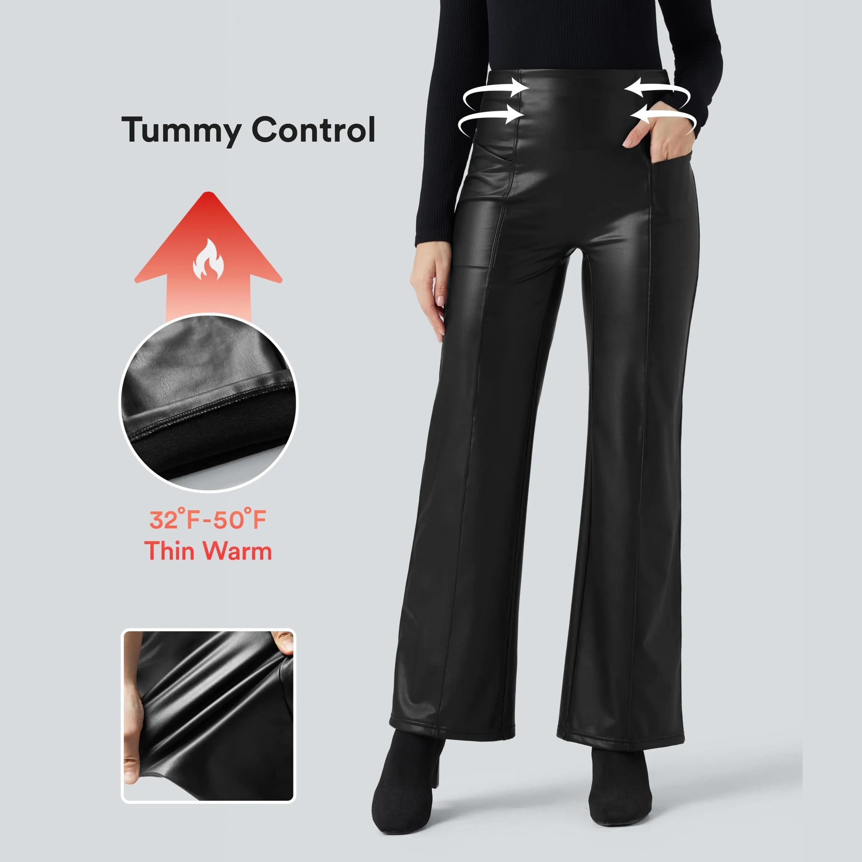 Halara High Waisted Tummy Control Stretchy PU Fleece Casual Flare Pants with Pockets