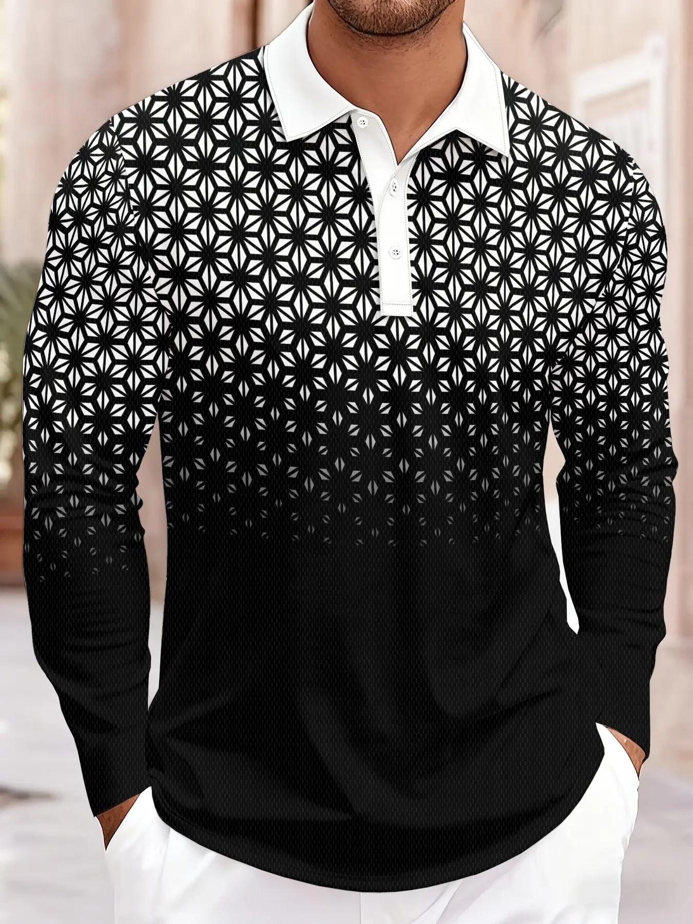 Men's Long Sleeve Polo Shirt, Fashion Geometric Pattern Gradient Design, Casual Business Versatile, Collar Top, Winter Wear