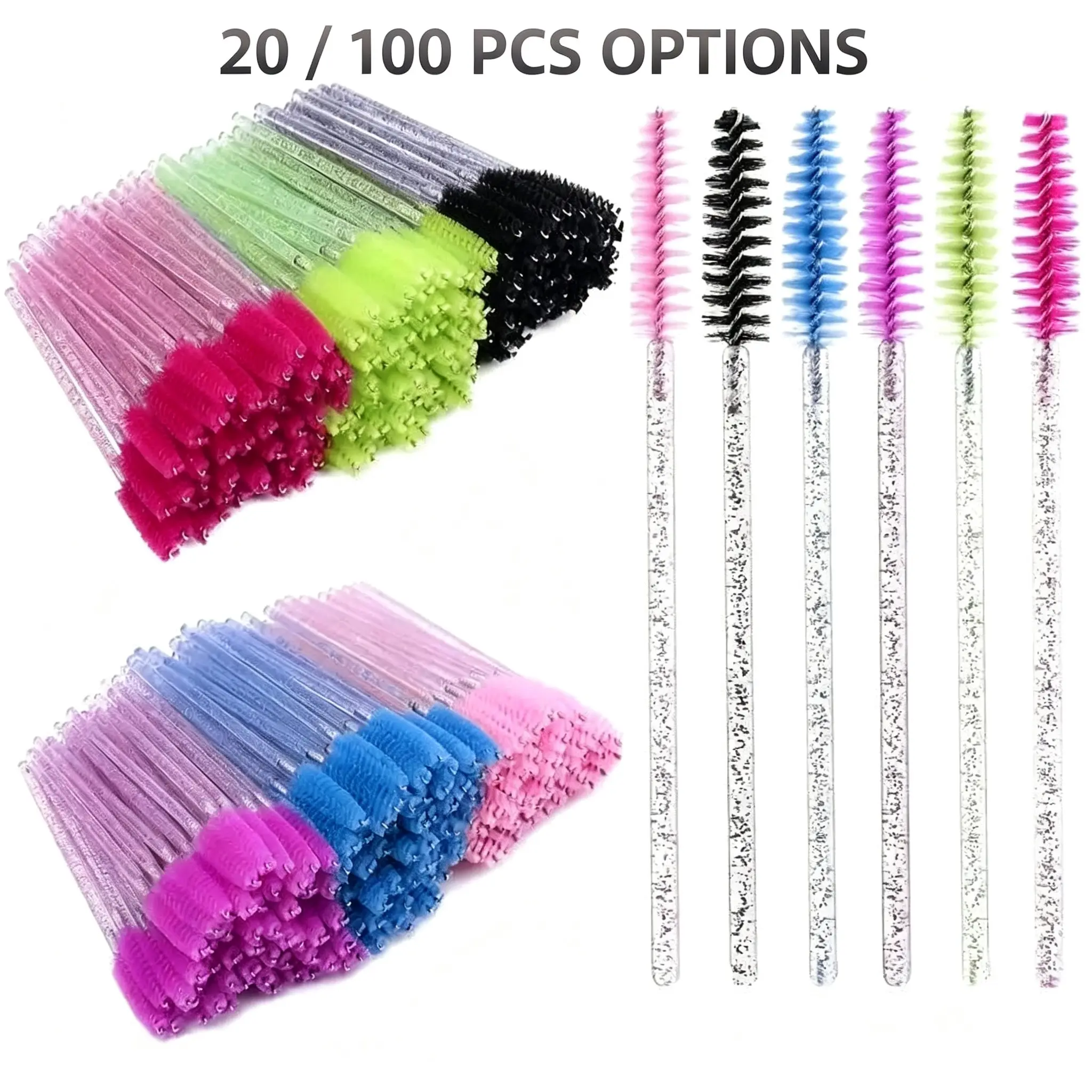 Disposable Glitter Eyelash Wand, Bulk Disposable Brow & Lash Brush, Multi-Color Crystal Handle, Cosmetic Tools, Salon Use, Ideal for Lash Extension