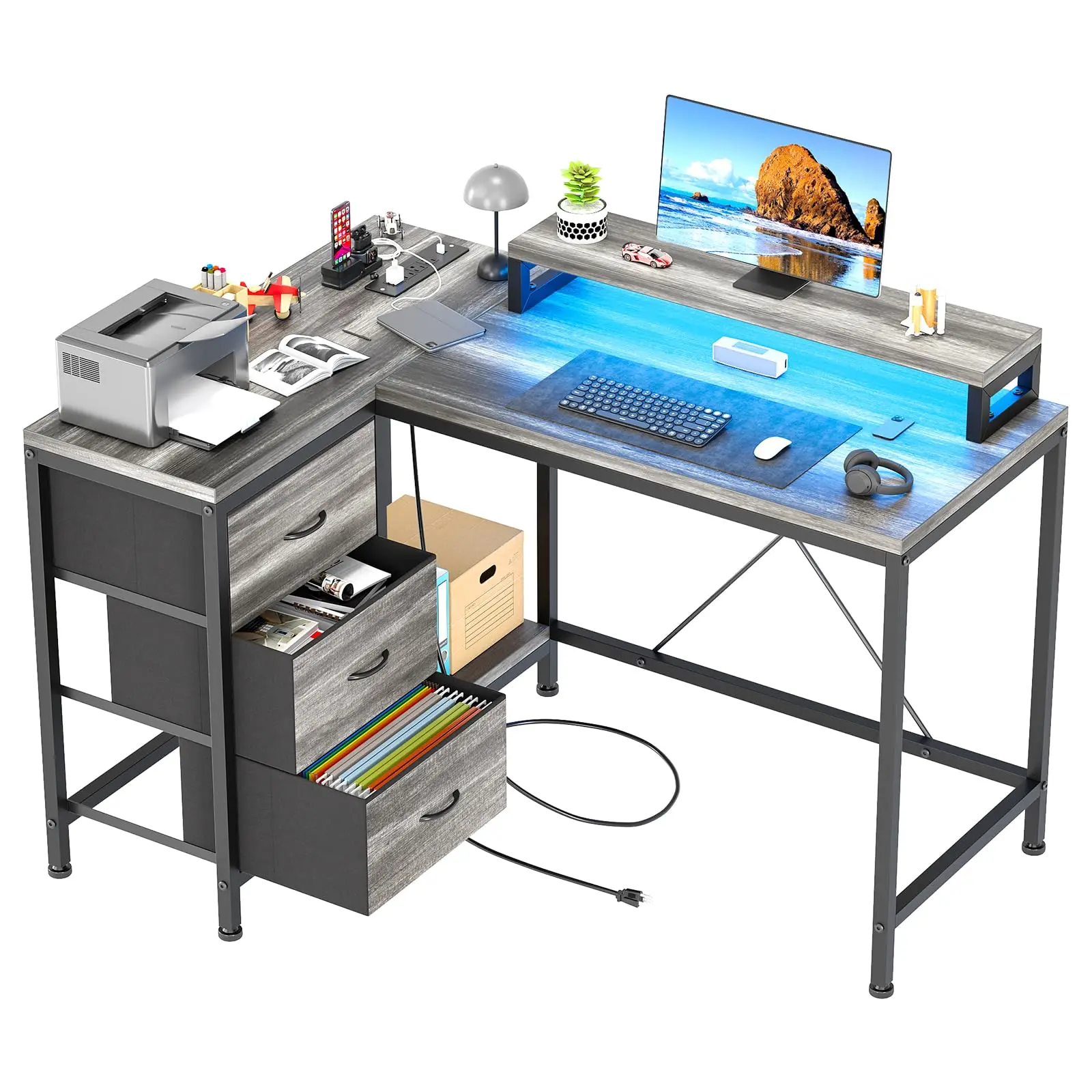 GARVEEL Shaped Desk with Power Outlets & LED Lights, Computer Desk with Drawers & Shelves, Corner Desk Gaming Desk Home Office Desk, Oak