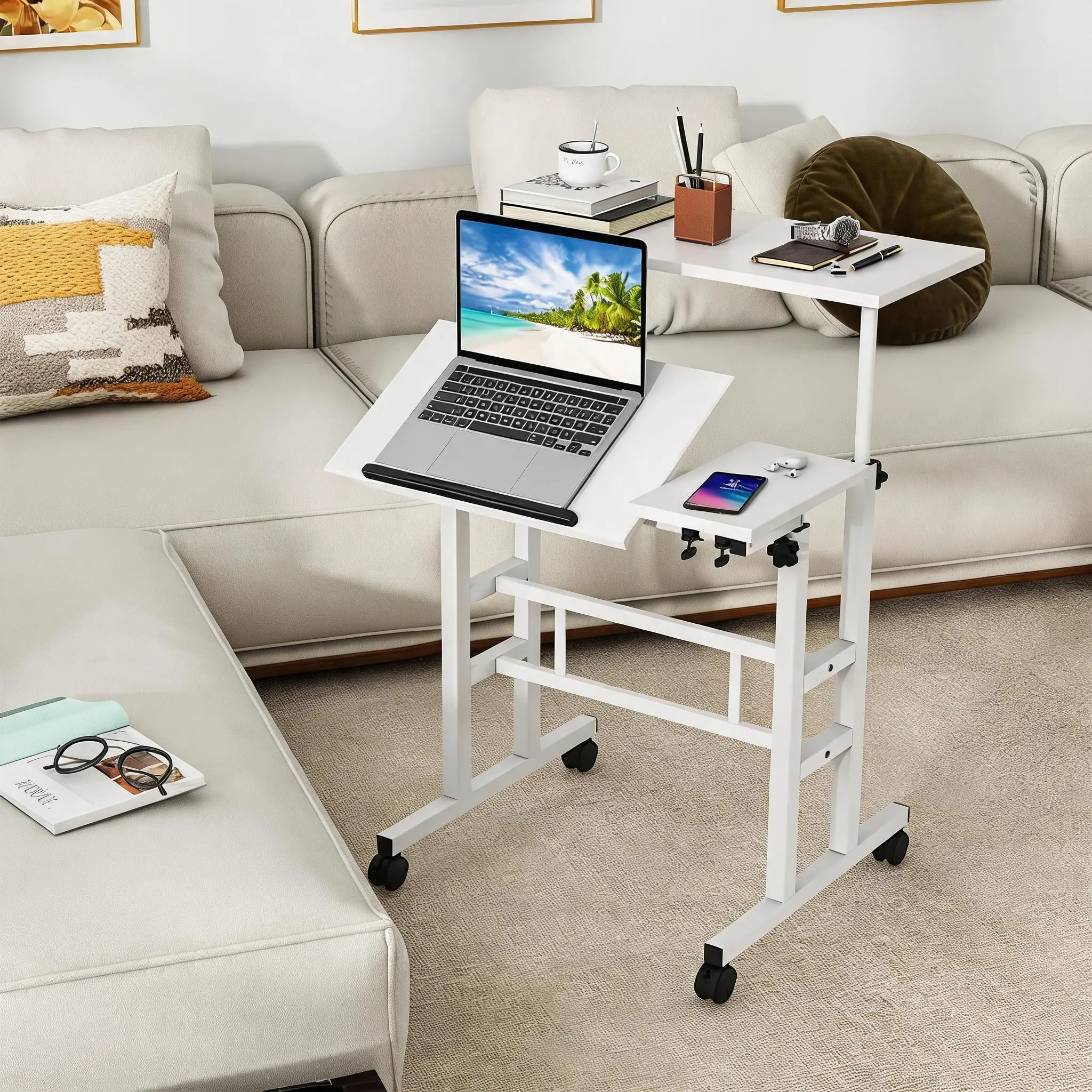 Garvee Height-Adjustable Rolling Standing Desk with Charging Station, 2-Tier Dual-Surface Mobile Computer Workstation - Locking Wheels, 67-115cm for Small Spaces & Under-Desk Treadmill