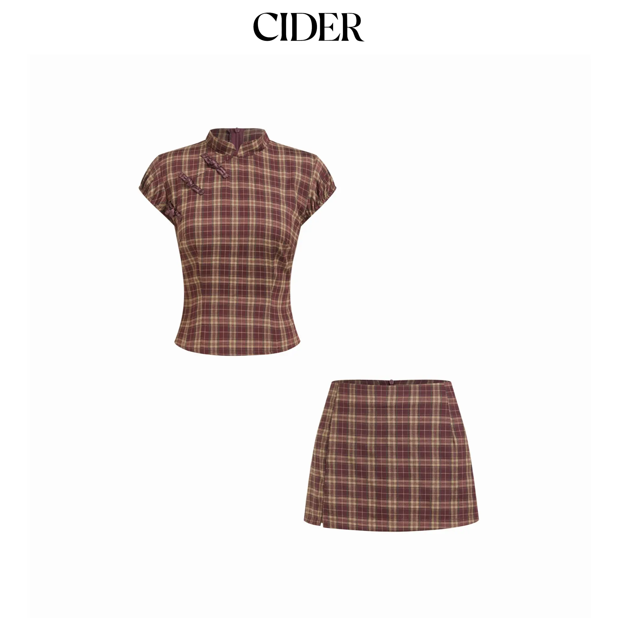 Cider Mandarin Collar Plaid Top & Mid Rise Zipper Mini Skort Set