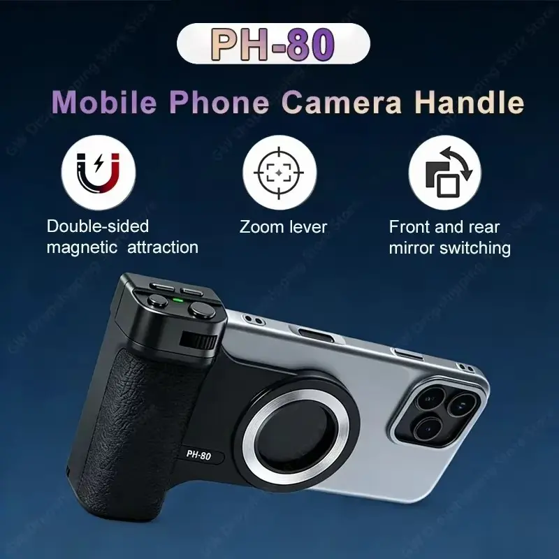 Magnetic Bluetooth Phone Camera Grip, Remote Control with Fill Light Zoom & Shutter Button, Selfie Accessory