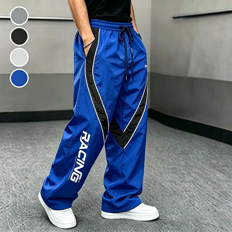 Men's Racing Printed Color Block Wide Leg Track Pants, Lightweight Loose Straight Leg Trousers, Hip Hop Streetwear Baggy Athletic Joggers with Elastic Waist Pockets for Daily Wear