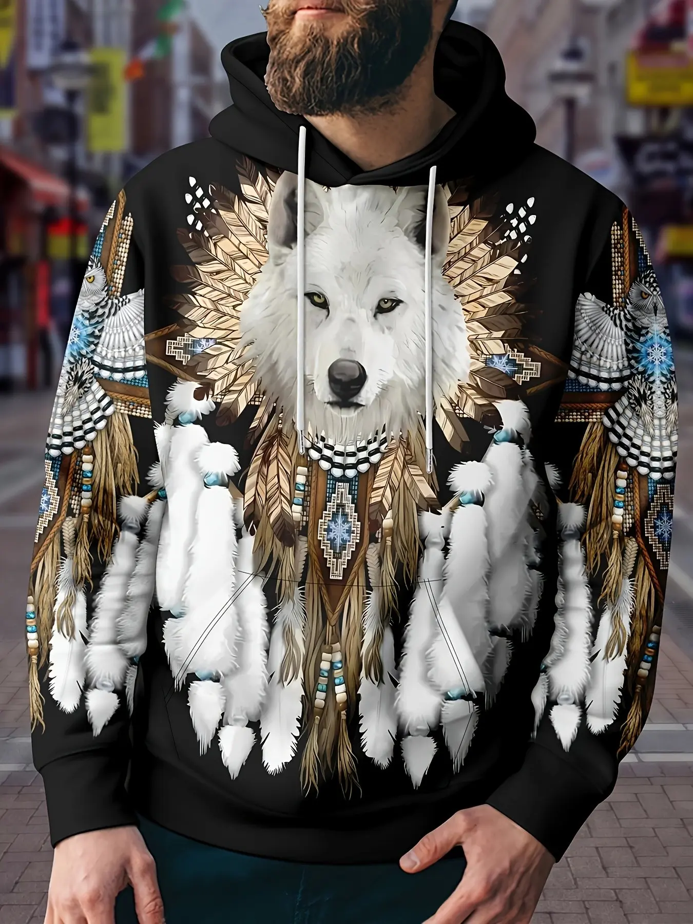 Indian Feather Wolf Print Hoodie, Vintage Ethnic Style, Loose-Fitting, Spring & Fall, Casual All over Print Hooded Sweatshirt, Ethnic Pattern Sweatshirts