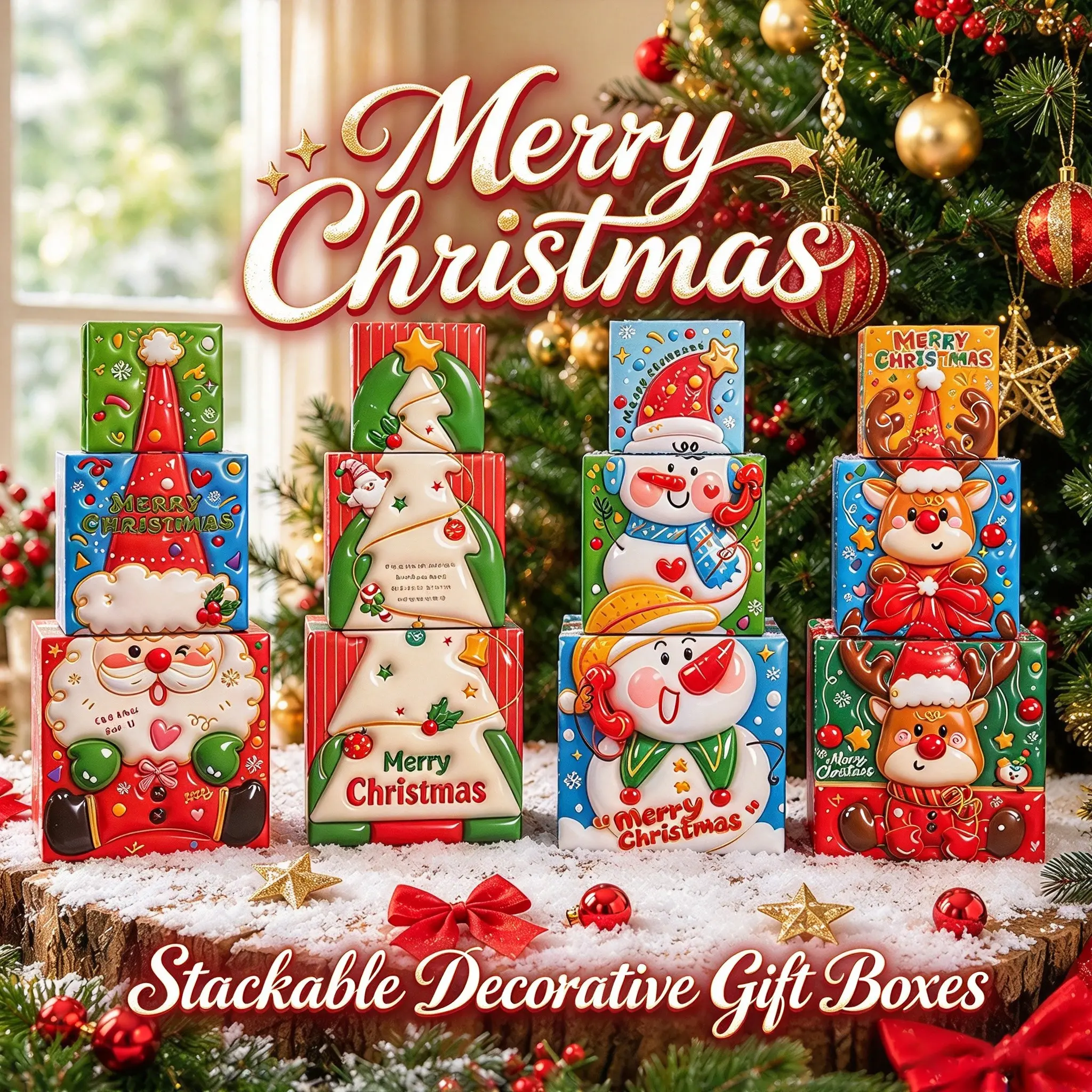 4 Sets 12 Pieces Stackable Gift Boxes, 4 Unique Designs, Perfect for Christmas Decorations and Small Gift Wrapping