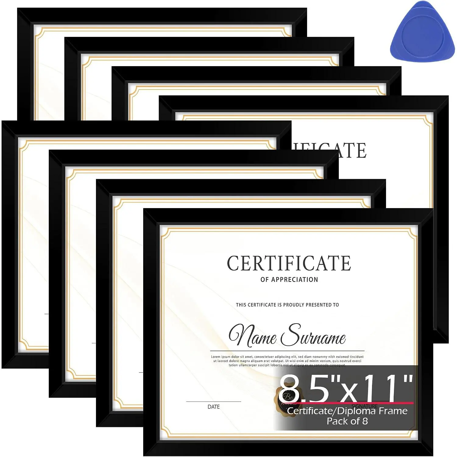 Diploma Frame, 8.5 by 11 Black Picture Frames, Certificate Frame with Clear Plexiglass, 8.5 x 11 Photo Graduation Degree Record Magazine Frames for Office Gallery Home Wall Decor, 8 Pack