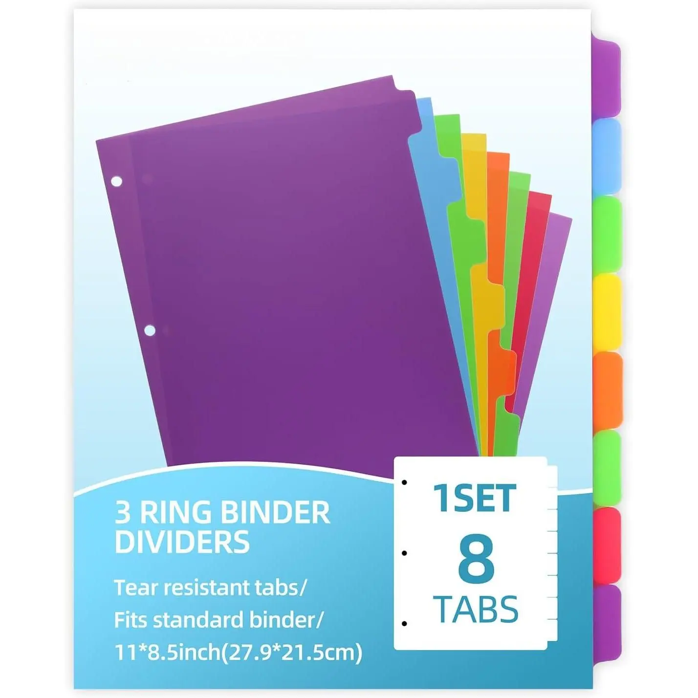 3 Set Plastic Binder Dividers with Tabs,Multicolor Index with 8-Tabs,Divider for 3 Ring Binder
